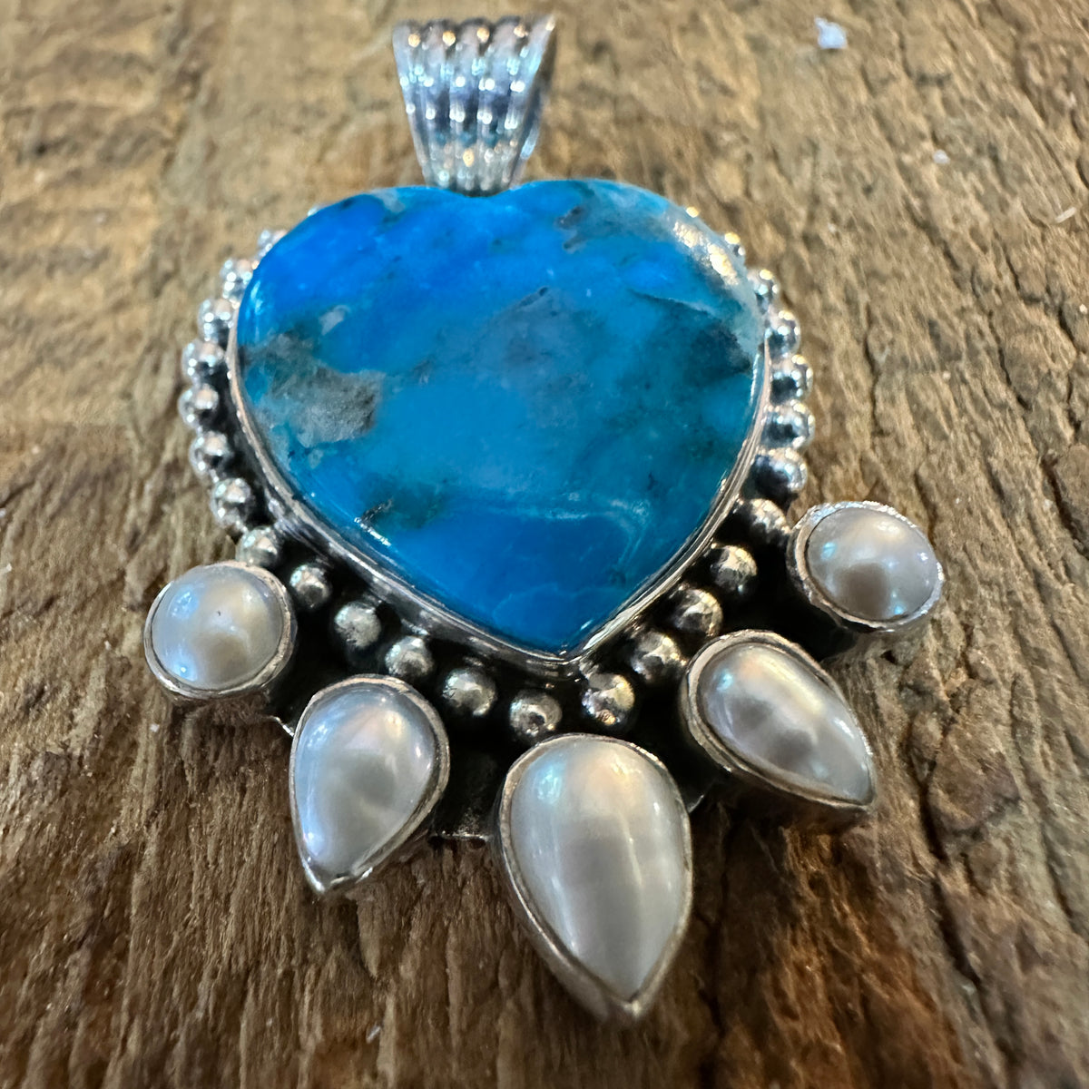 Kingman Turquoise and Pearl Sterling Silver Heart Pendant Silver Elegant