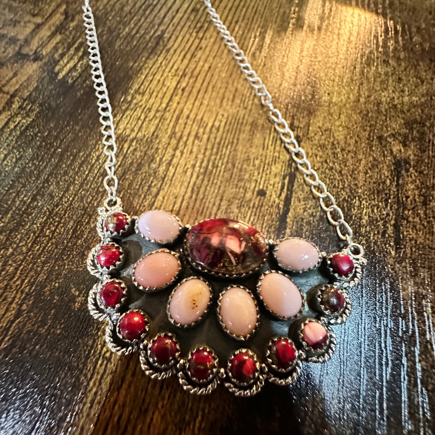 Handmade Red Rose Dahlia Pink Opal Necklace , Sterling Silver, Signed Silver Elegant