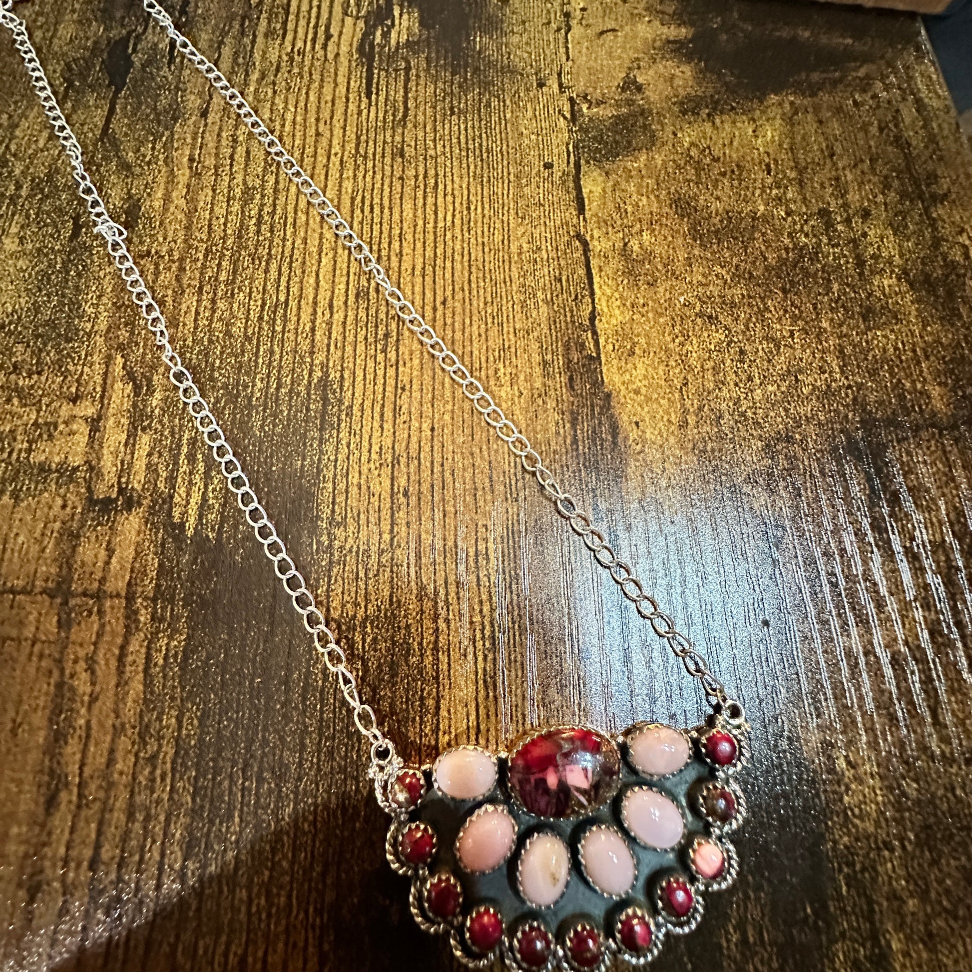 Handmade Red Rose Dahlia Pink Opal Necklace , Sterling Silver, Signed Silver Elegant