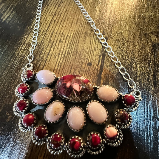 Handmade Red Rose Dahlia Pink Opal Necklace , Sterling Silver, Signed Silver Elegant