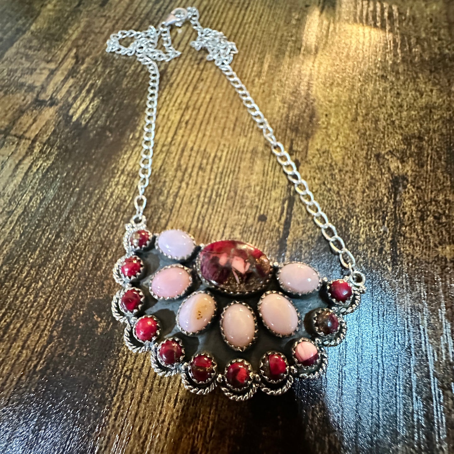 Handmade Red Rose Dahlia Pink Opal Necklace , Sterling Silver, Signed Silver Elegant