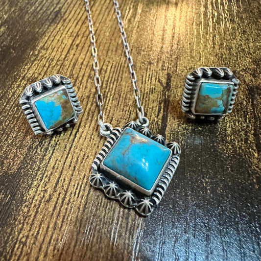 Kingman Turquoise Necklace and Stud Earrings Set, 925 Sterling Silver, Signed Silver Elegant