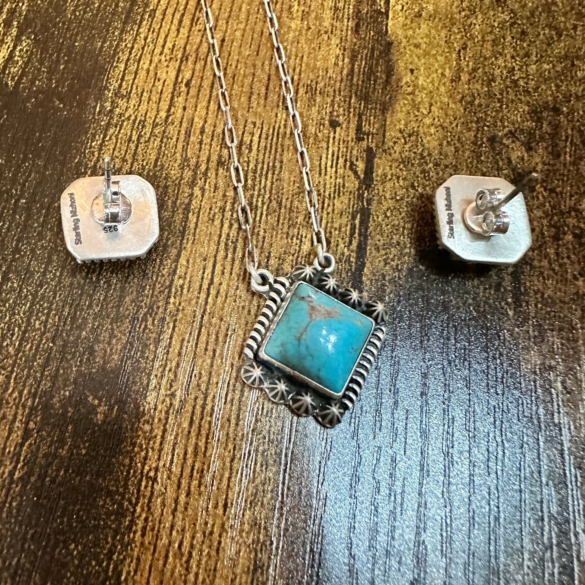Kingman Turquoise Necklace and Stud Earrings Set, 925 Sterling Silver, Signed Silver Elegant