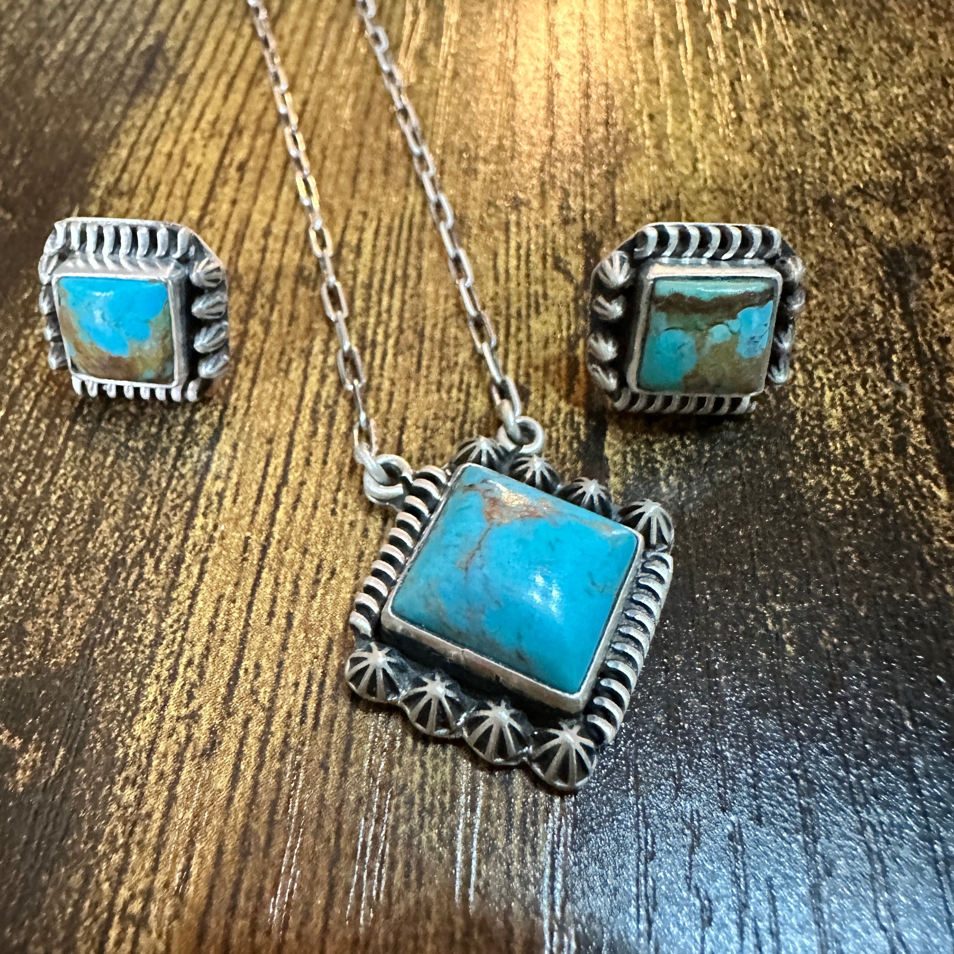 Kingman Turquoise Necklace and Stud Earrings Set, 925 Sterling Silver, Signed Silver Elegant