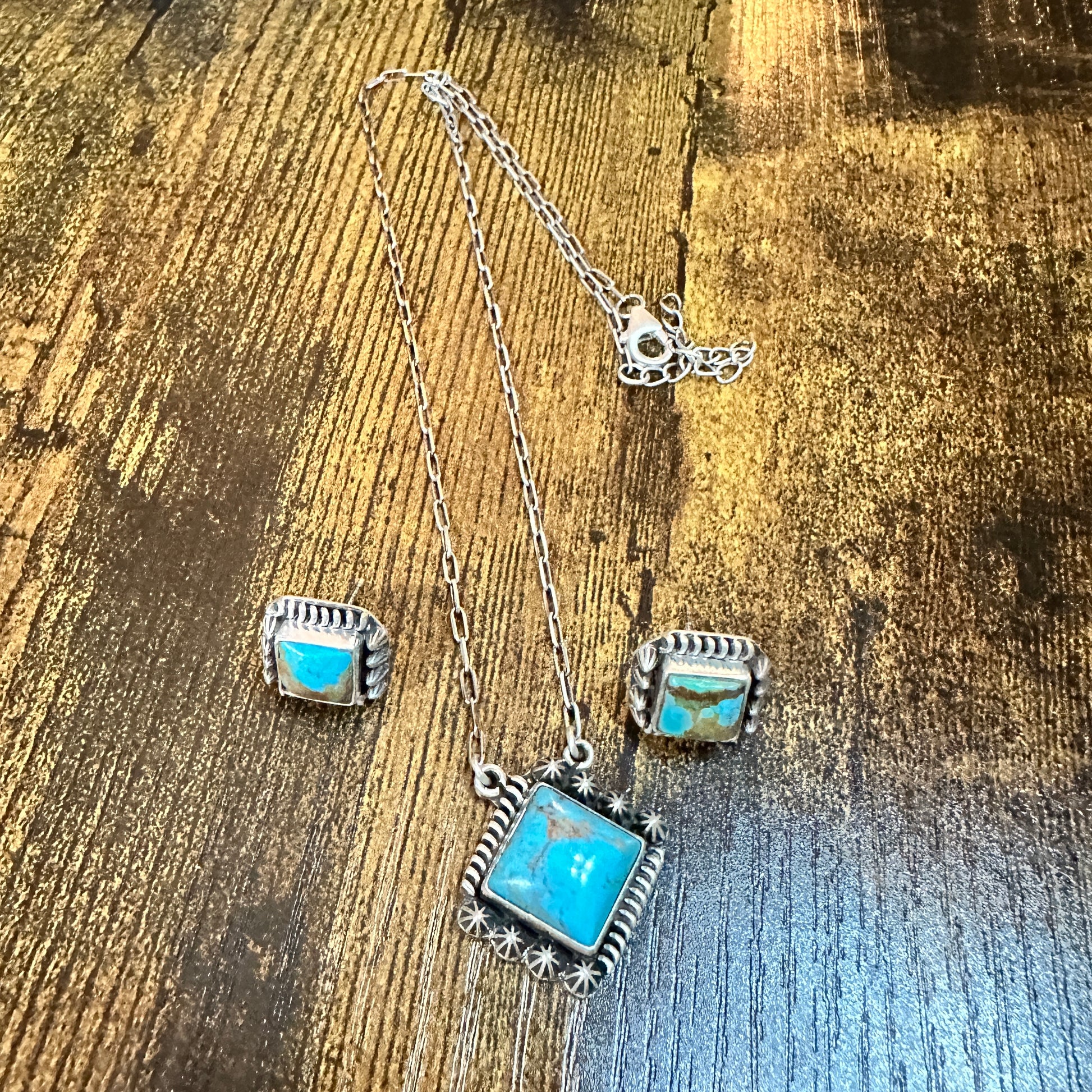 Kingman Turquoise Necklace and Stud Earrings Set, 925 Sterling Silver, Signed Silver Elegant