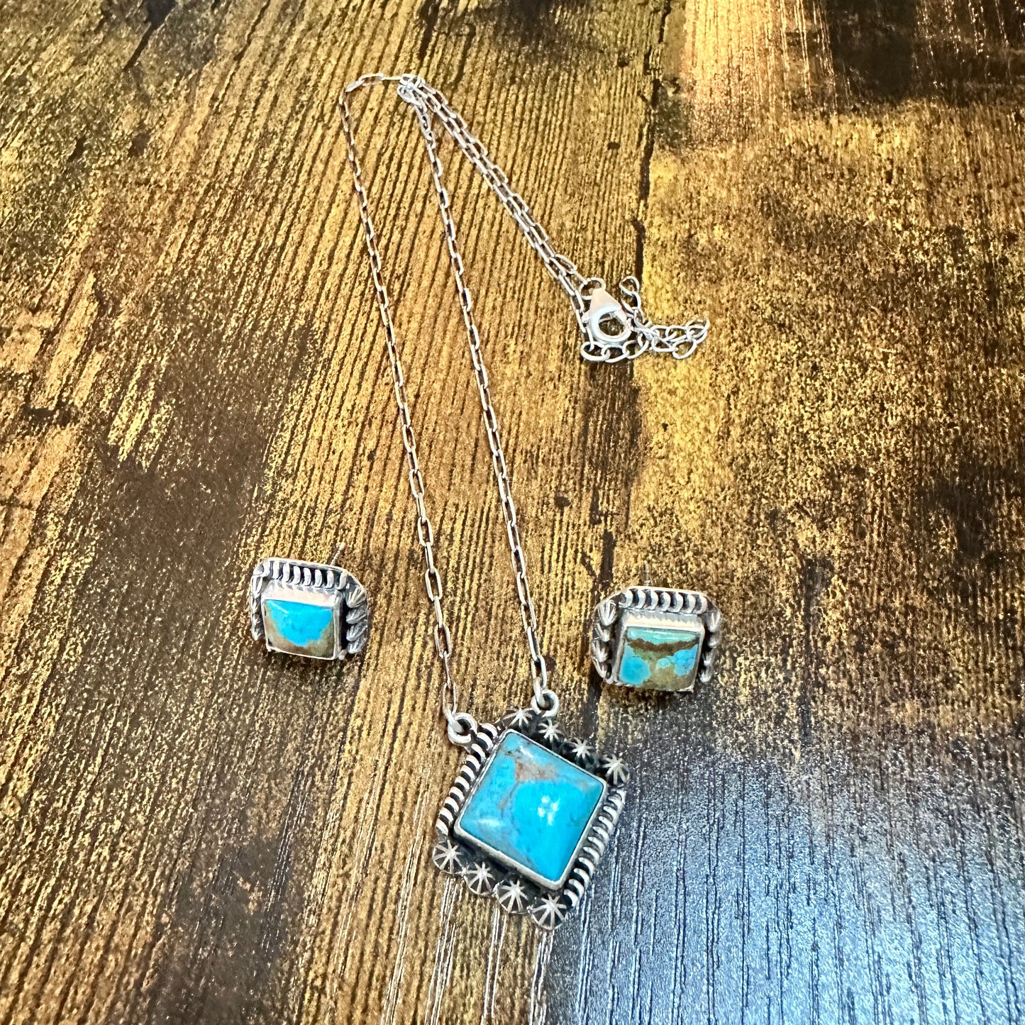 Kingman Turquoise Necklace and Stud Earrings Set, 925 Sterling Silver, Signed Silver Elegant
