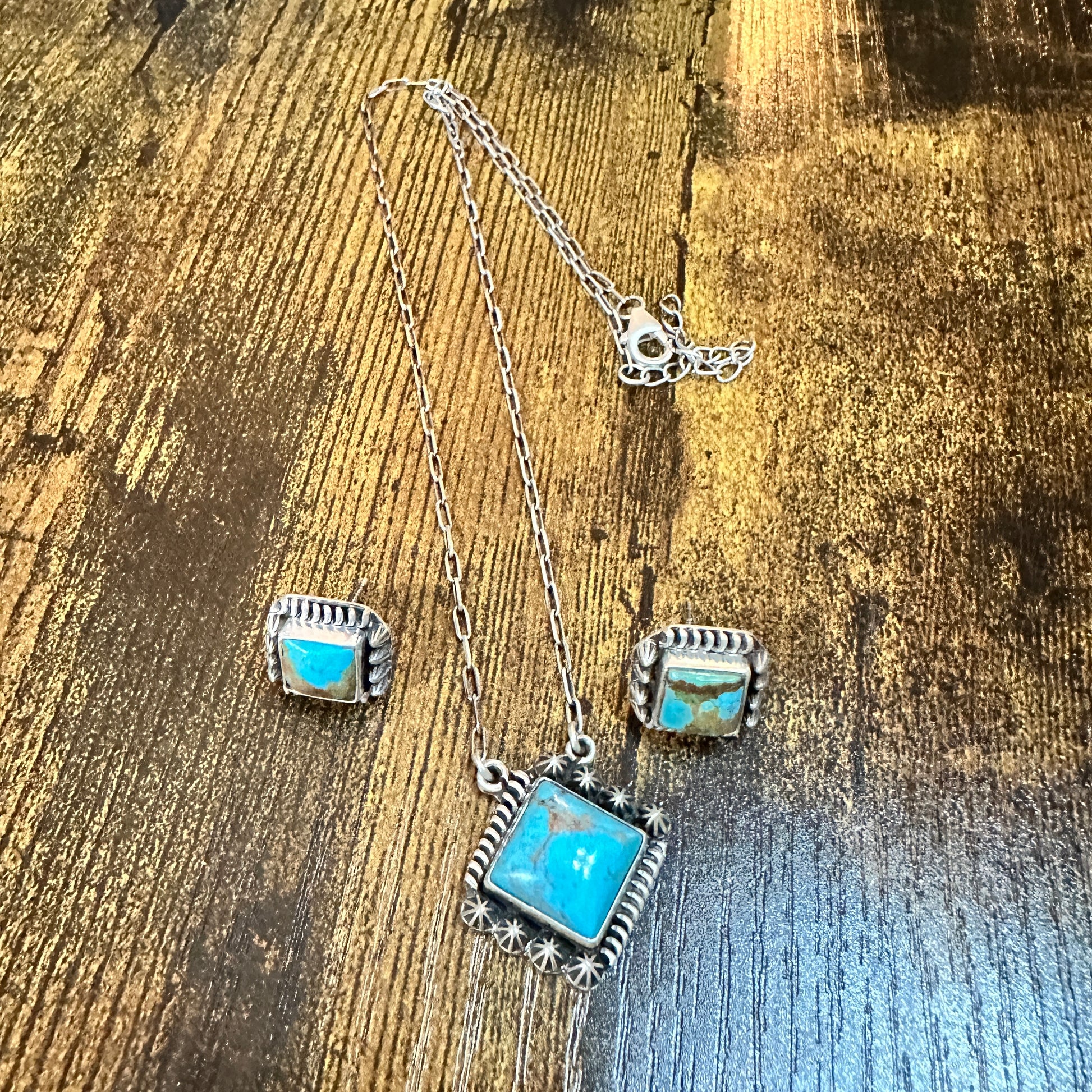 Kingman Turquoise Necklace and Stud Earrings Set, 925 Sterling Silver, Signed Silver Elegant