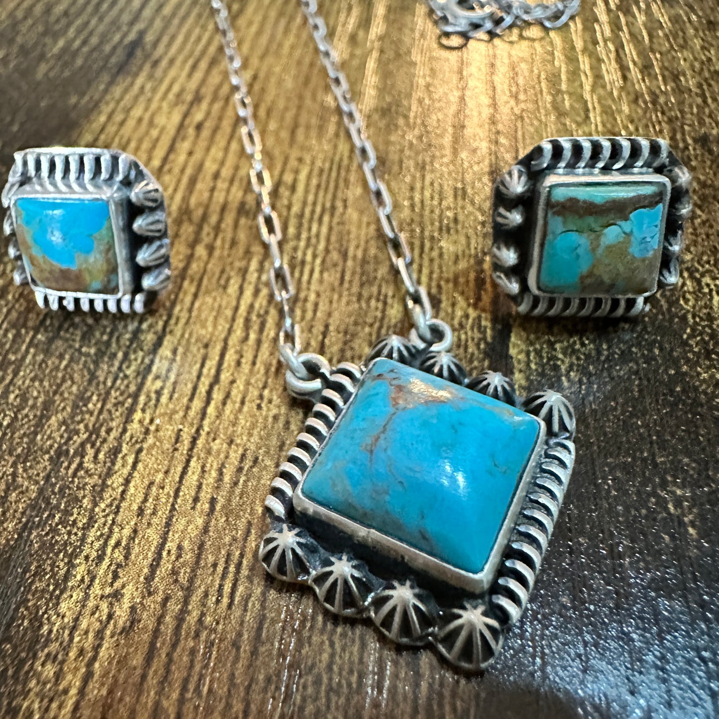 Kingman Turquoise Necklace and Stud Earrings Set, 925 Sterling Silver, Signed Silver Elegant