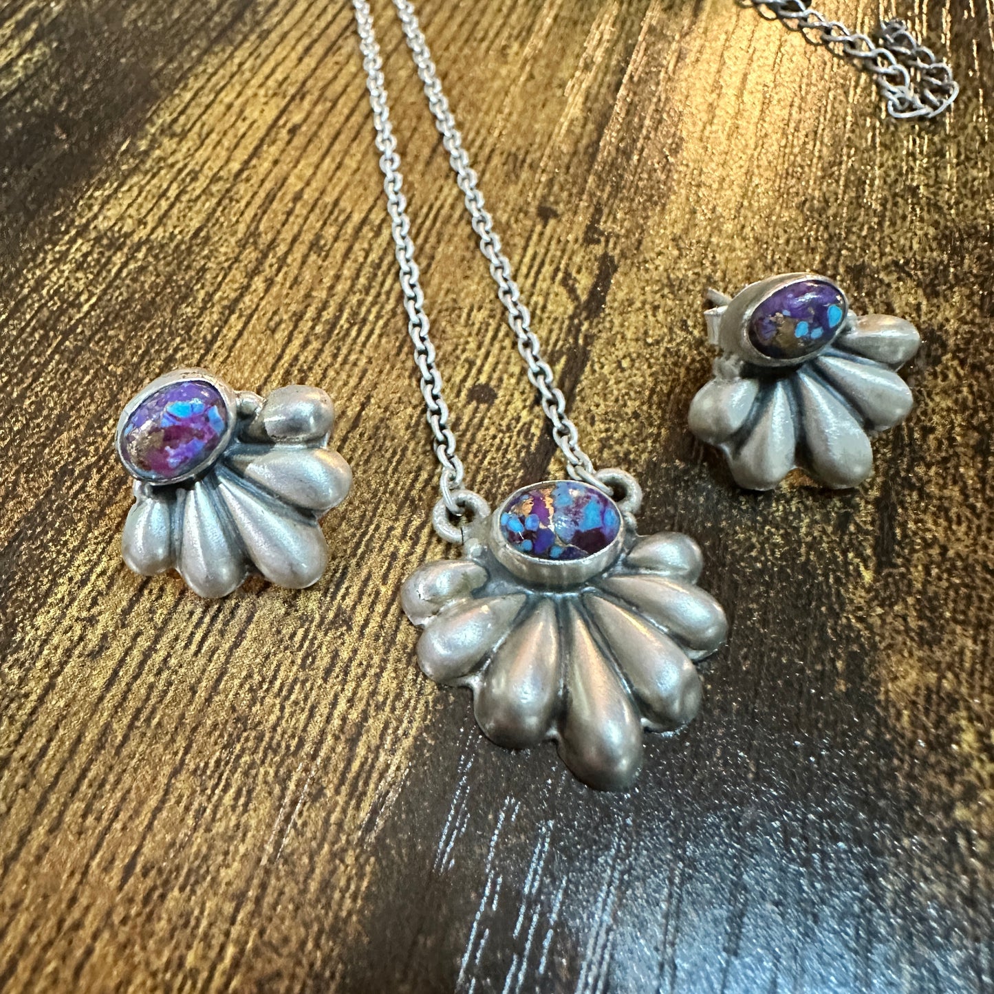 Purple Mojave Turquoise Necklace And Stud Earrings Set, 925 Sterling Silver Silver Elegant