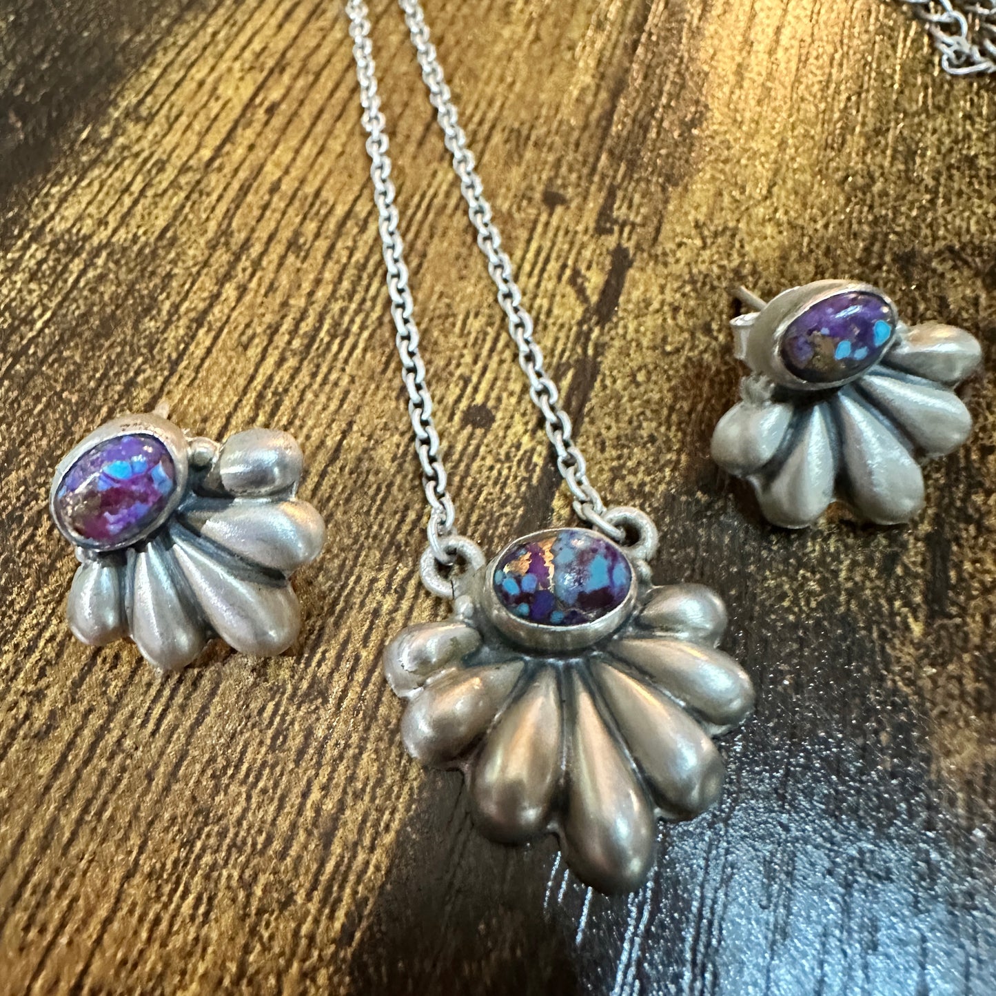 Purple Mojave Turquoise Necklace And Stud Earrings Set, 925 Sterling Silver Silver Elegant