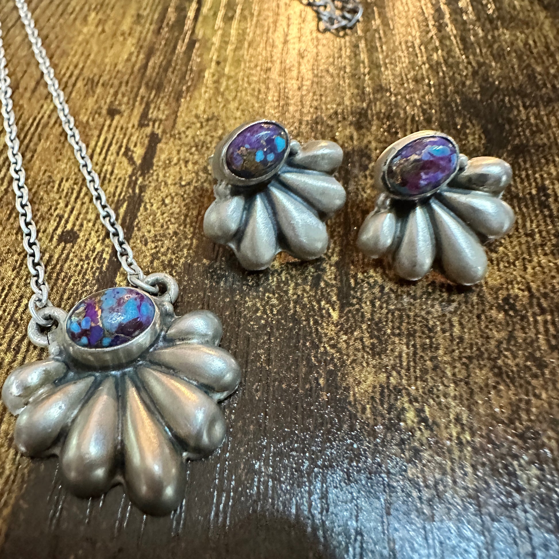 Purple Mojave Turquoise Necklace And Stud Earrings Set, 925 Sterling Silver Silver Elegant