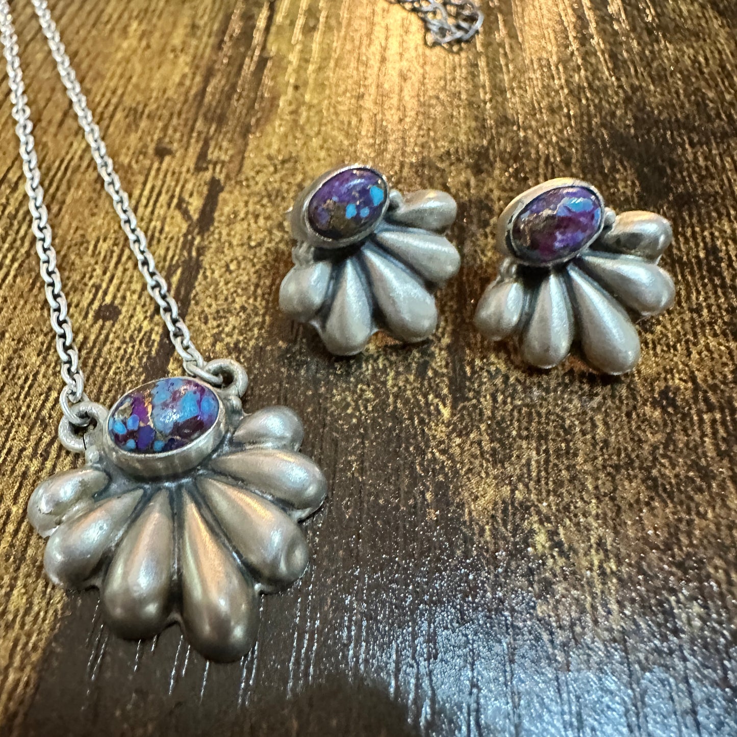 Purple Mojave Turquoise Necklace And Stud Earrings Set, 925 Sterling Silver Silver Elegant