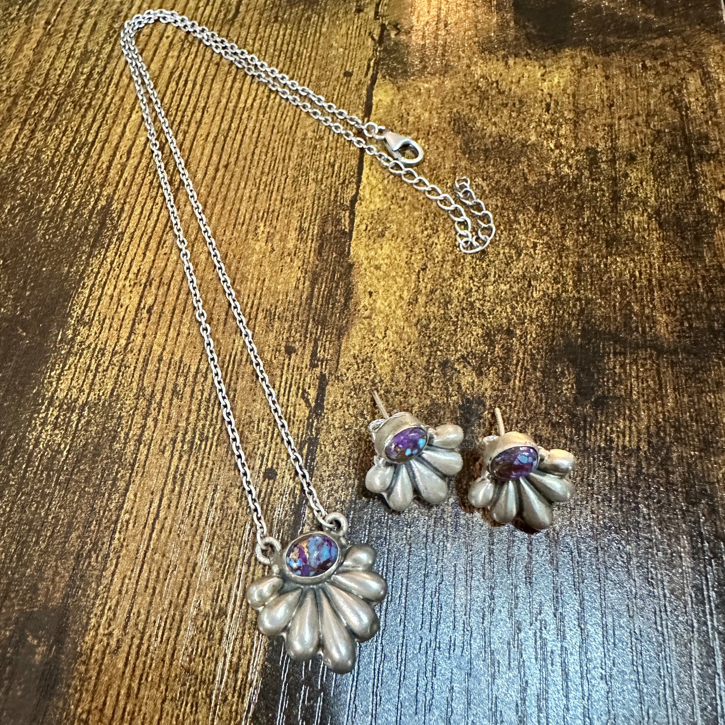 Purple Mojave Turquoise Necklace And Stud Earrings Set, 925 Sterling Silver Silver Elegant