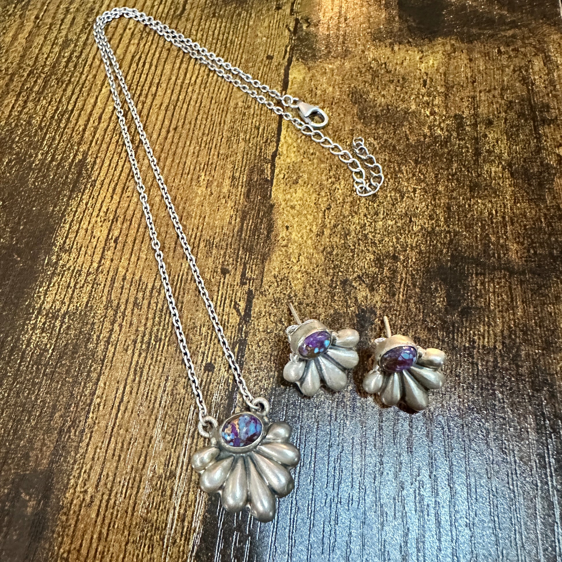 Purple Mojave Turquoise Necklace And Stud Earrings Set, 925 Sterling Silver Silver Elegant