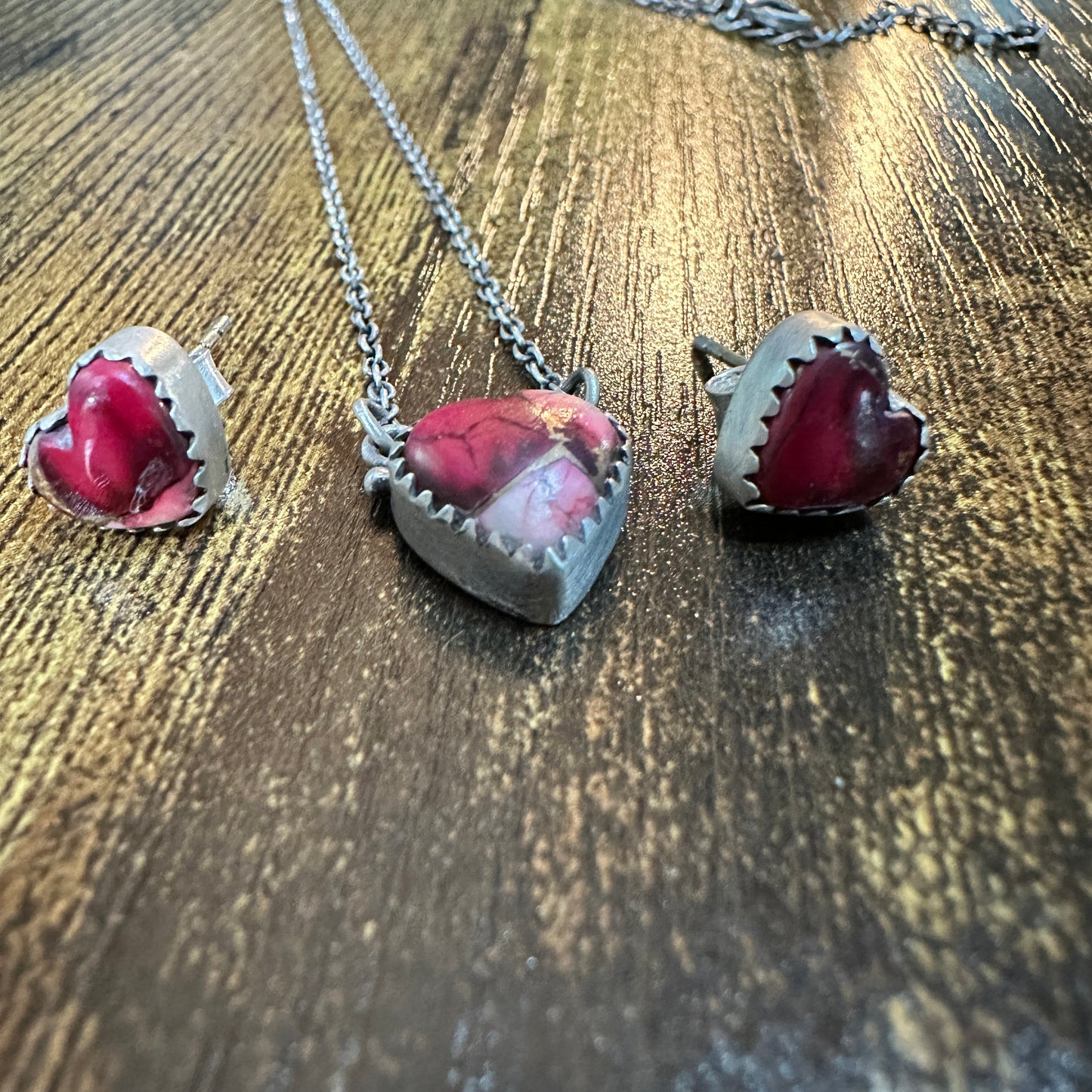 Handmade Red Rose Dahlia Necklace And Earrings Set, 925 Sterling Silver,  Signed Silver Elegant