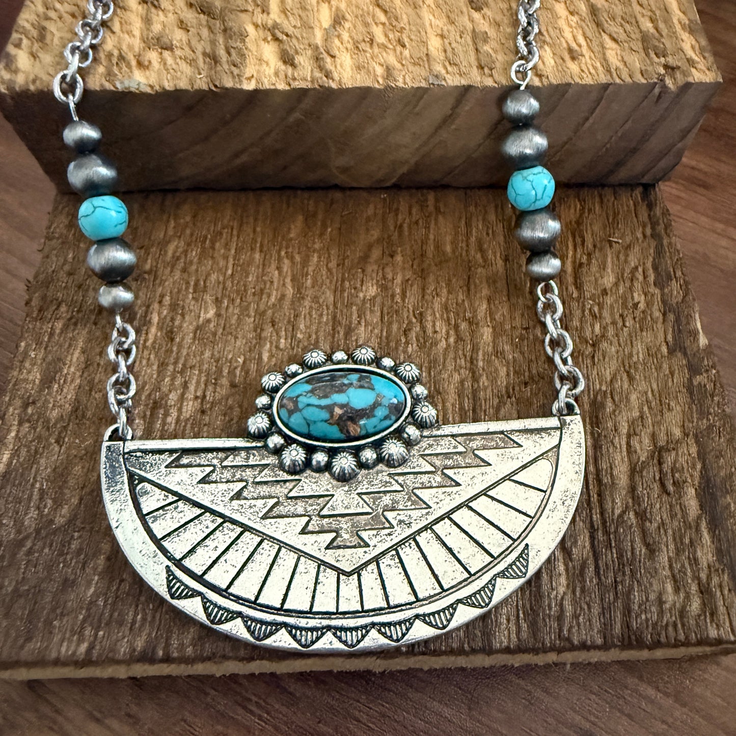 Western Aztec Style Turquoise Stone Pendant Necklace with Burnished Silver and Extension Chain WildWestBoho