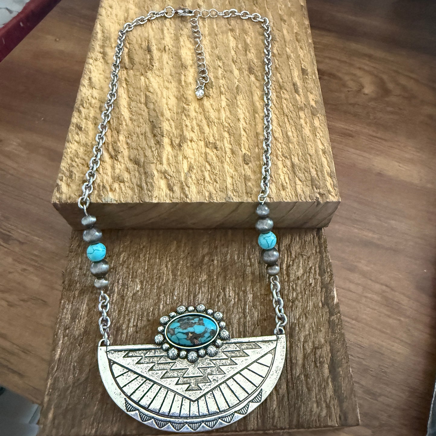 Western Aztec Style Turquoise Stone Pendant Necklace with Burnished Silver and Extension Chain WildWestBoho