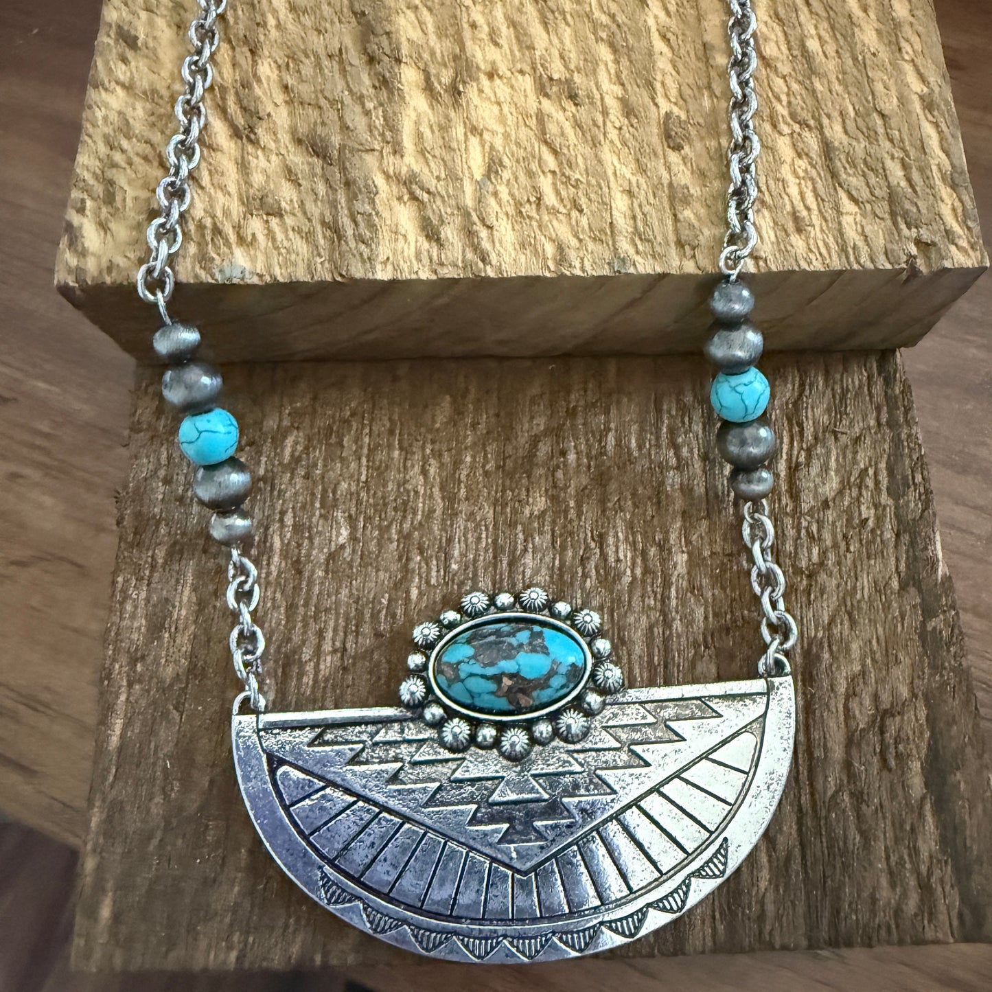 Western Aztec Style Turquoise Stone Pendant Necklace with Burnished Silver and Extension Chain WildWestBoho