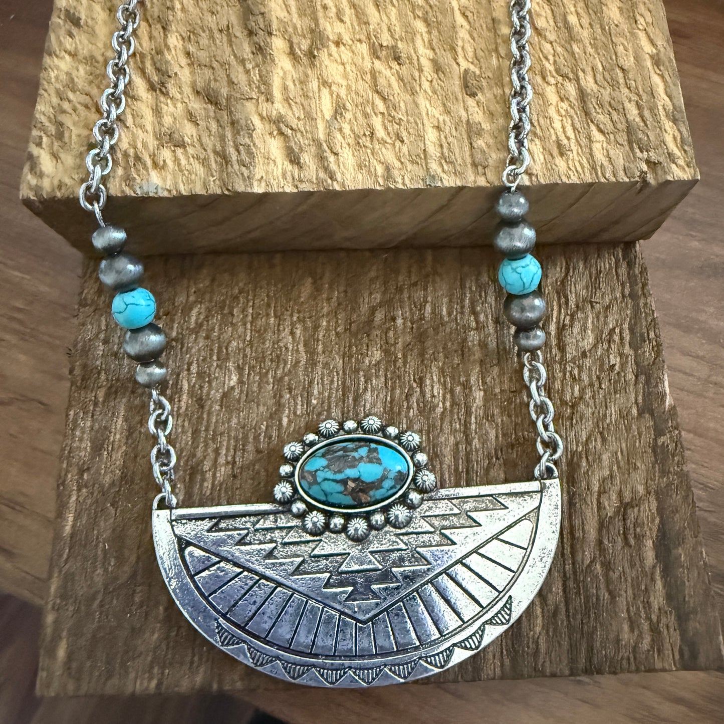 Western Aztec Style Turquoise Stone Pendant Necklace with Burnished Silver and Extension Chain WildWestBoho