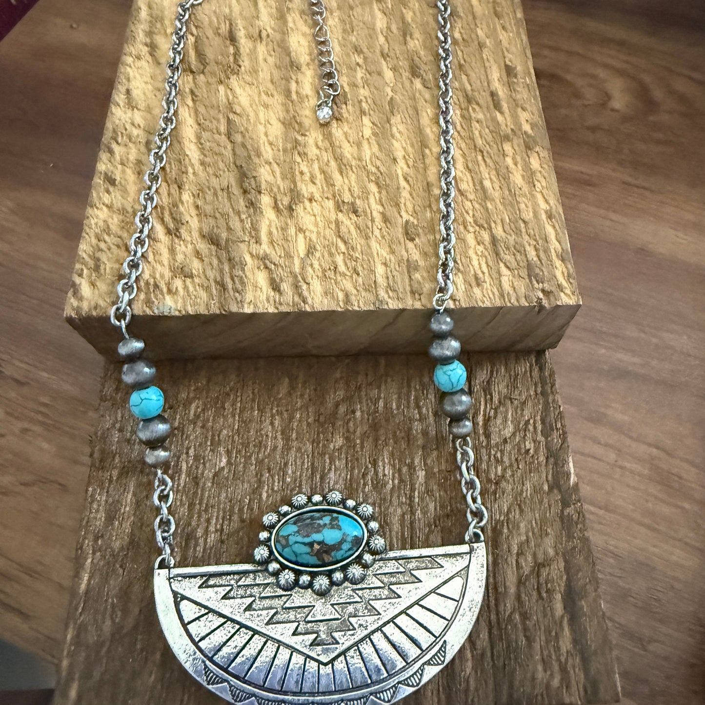 Western Aztec Style Turquoise Stone Pendant Necklace with Burnished Silver and Extension Chain WildWestBoho