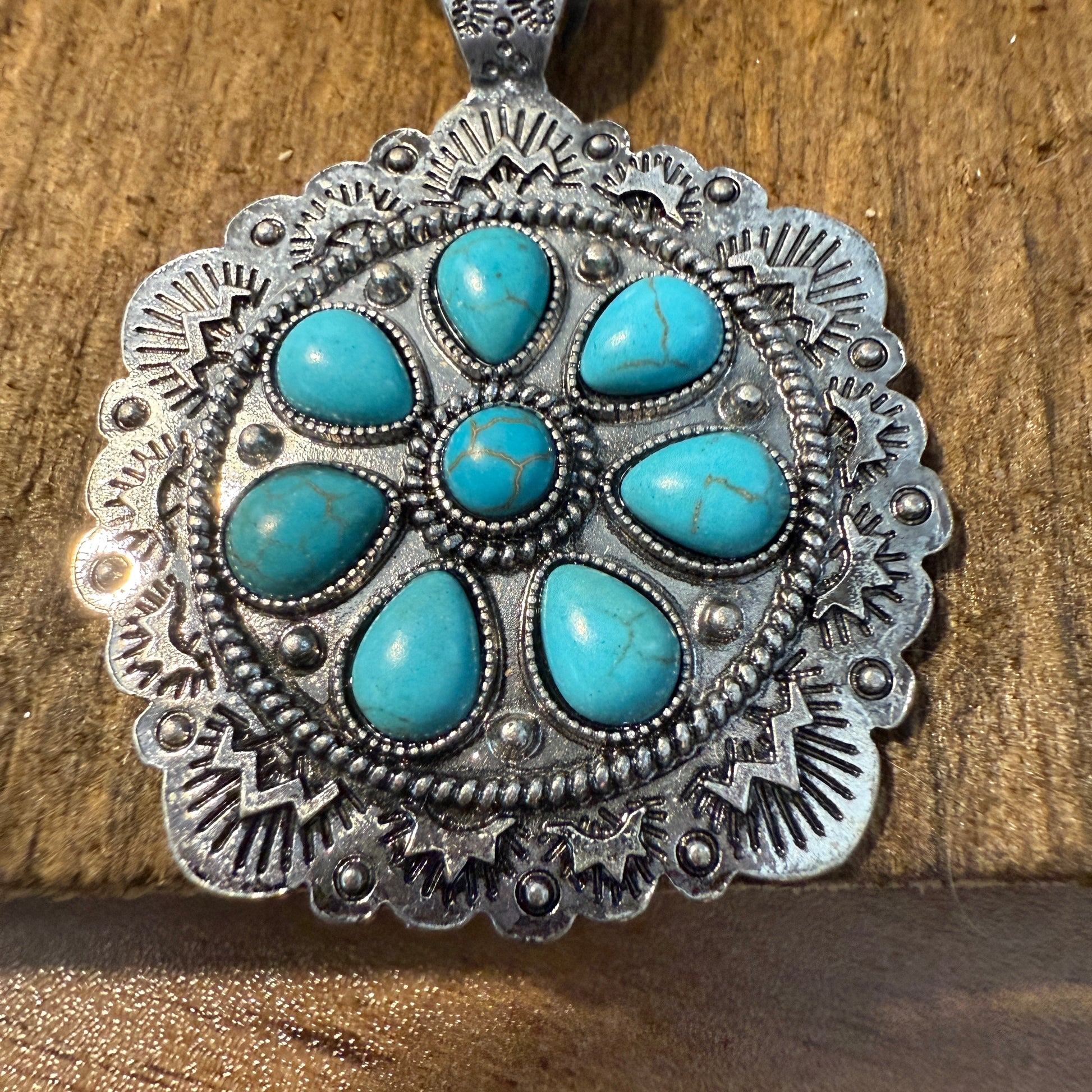 Western Style Turquoise Stone Concho Pendant Necklace with Brushed Silver Finish WildWestBoho