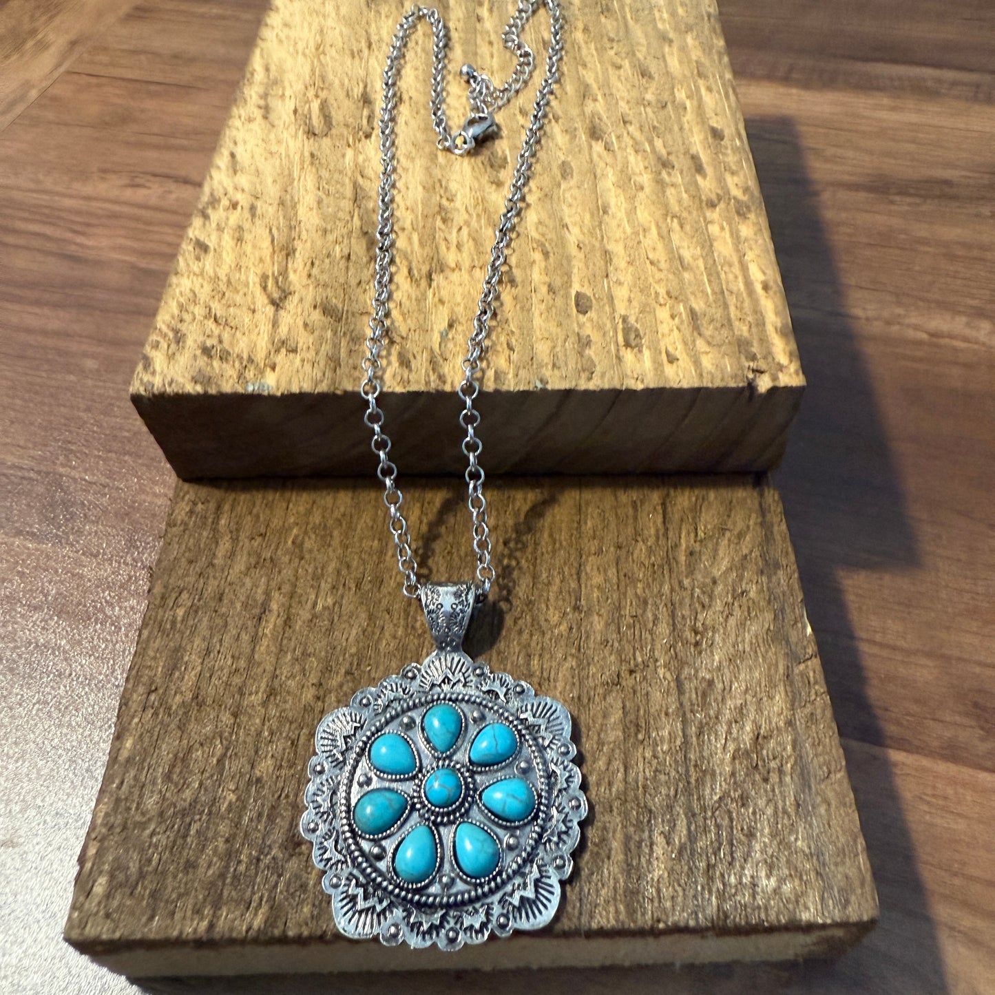 Western Style Turquoise Stone Concho Pendant Necklace with Brushed Silver Finish WildWestBoho