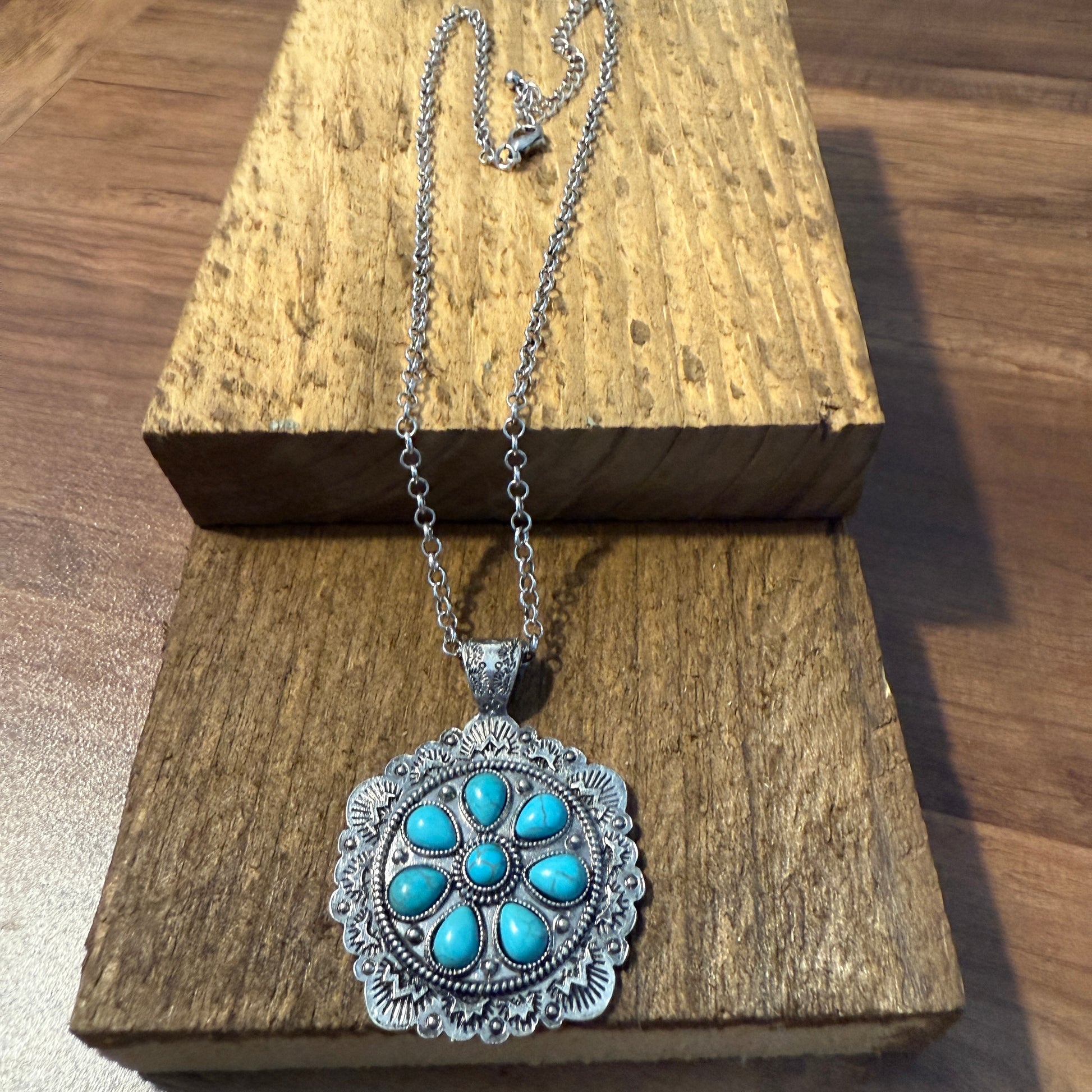 Western Style Turquoise Stone Concho Pendant Necklace with Brushed Silver Finish WildWestBoho