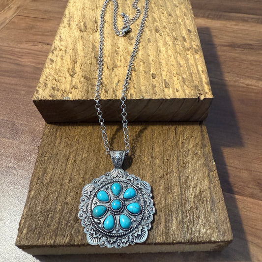 Western Style Turquoise Stone Concho Pendant Necklace with Brushed Silver Finish WildWestBoho