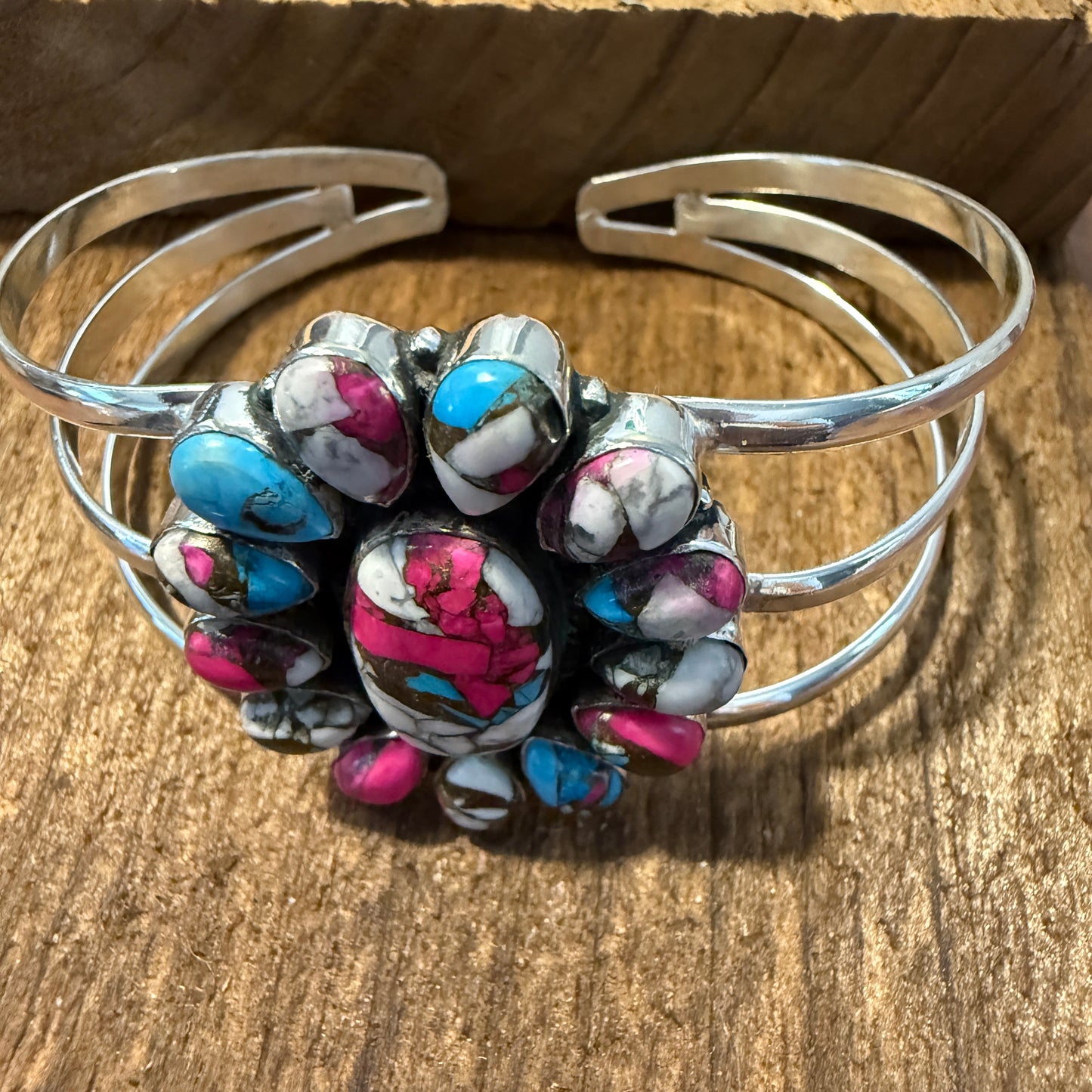 Cotton Candy Turquoise Dahlia Stone Sterling Silver Cuff Silver Elegant