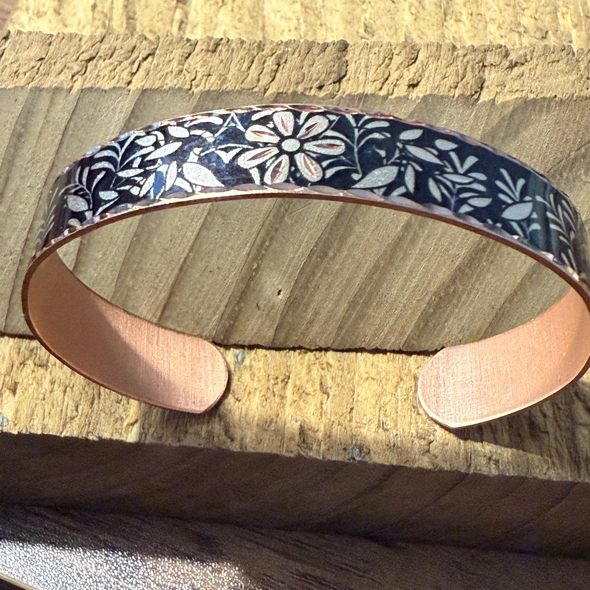Handcrafted Copper Black Diamond Floral Narrow Cuff Bracelet Gift Box COPPER ARTS INC.