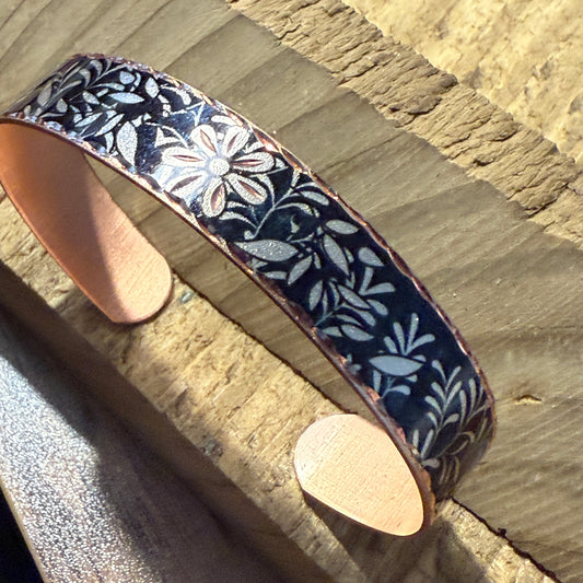 Handcrafted Copper Black Diamond Floral Narrow Cuff Bracelet Gift Box COPPER ARTS INC.
