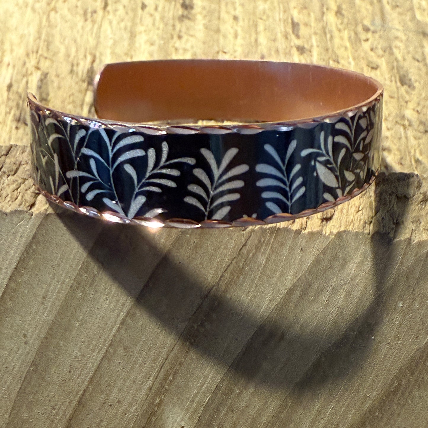 Handcrafted Copper Black Diamond Floral Narrow Cuff Bracelet Gift Box COPPER ARTS INC.