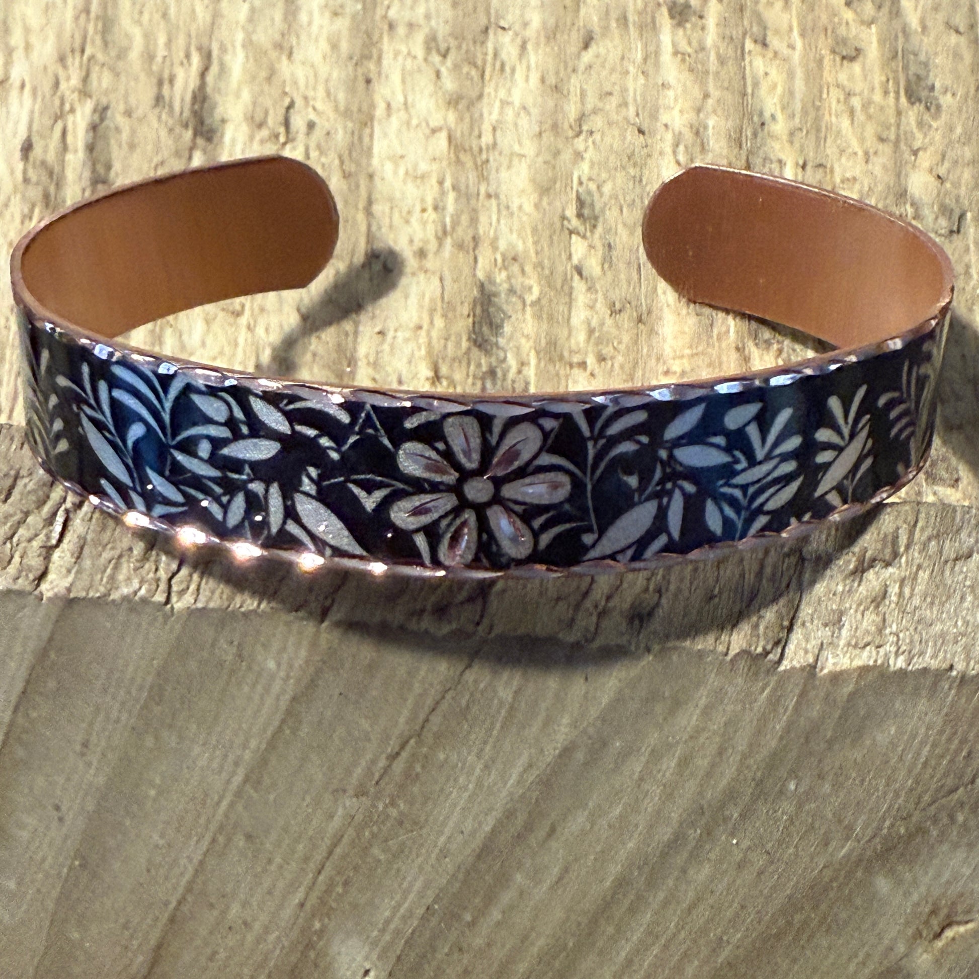 Handcrafted Copper Black Diamond Floral Narrow Cuff Bracelet Gift Box COPPER ARTS INC.
