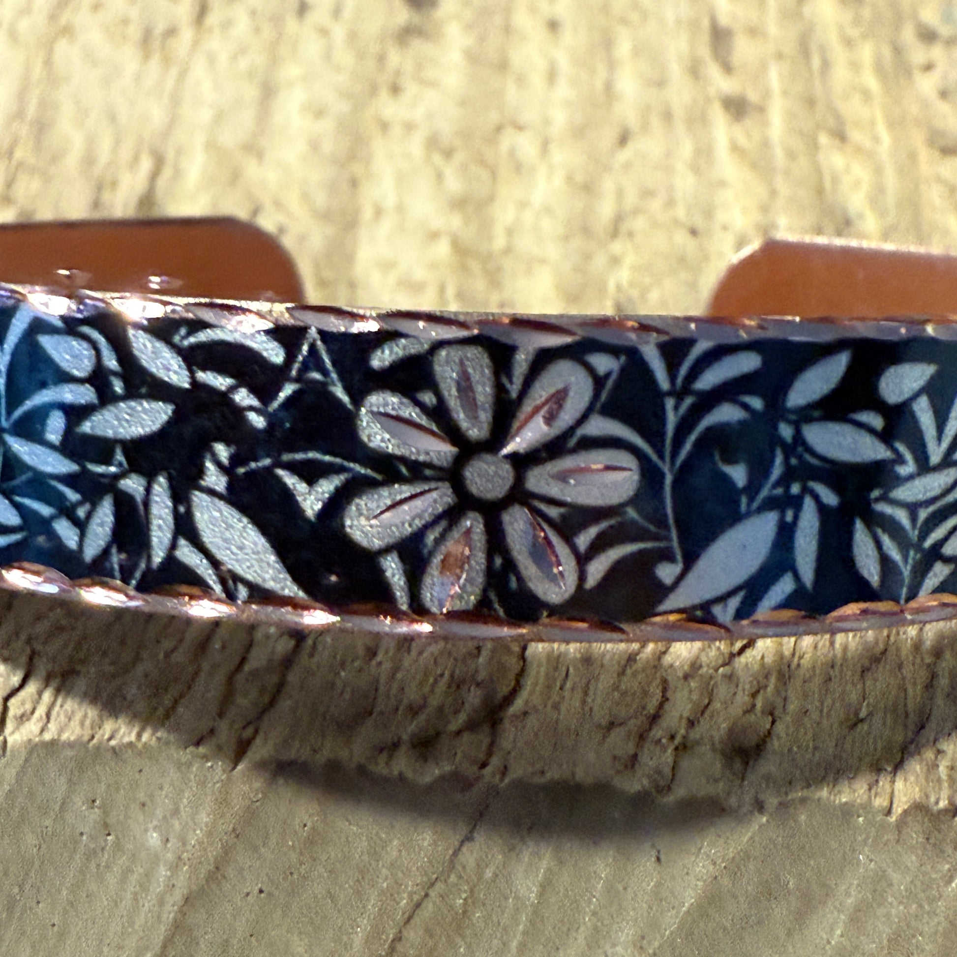 Handcrafted Copper Black Diamond Floral Narrow Cuff Bracelet Gift Box COPPER ARTS INC.