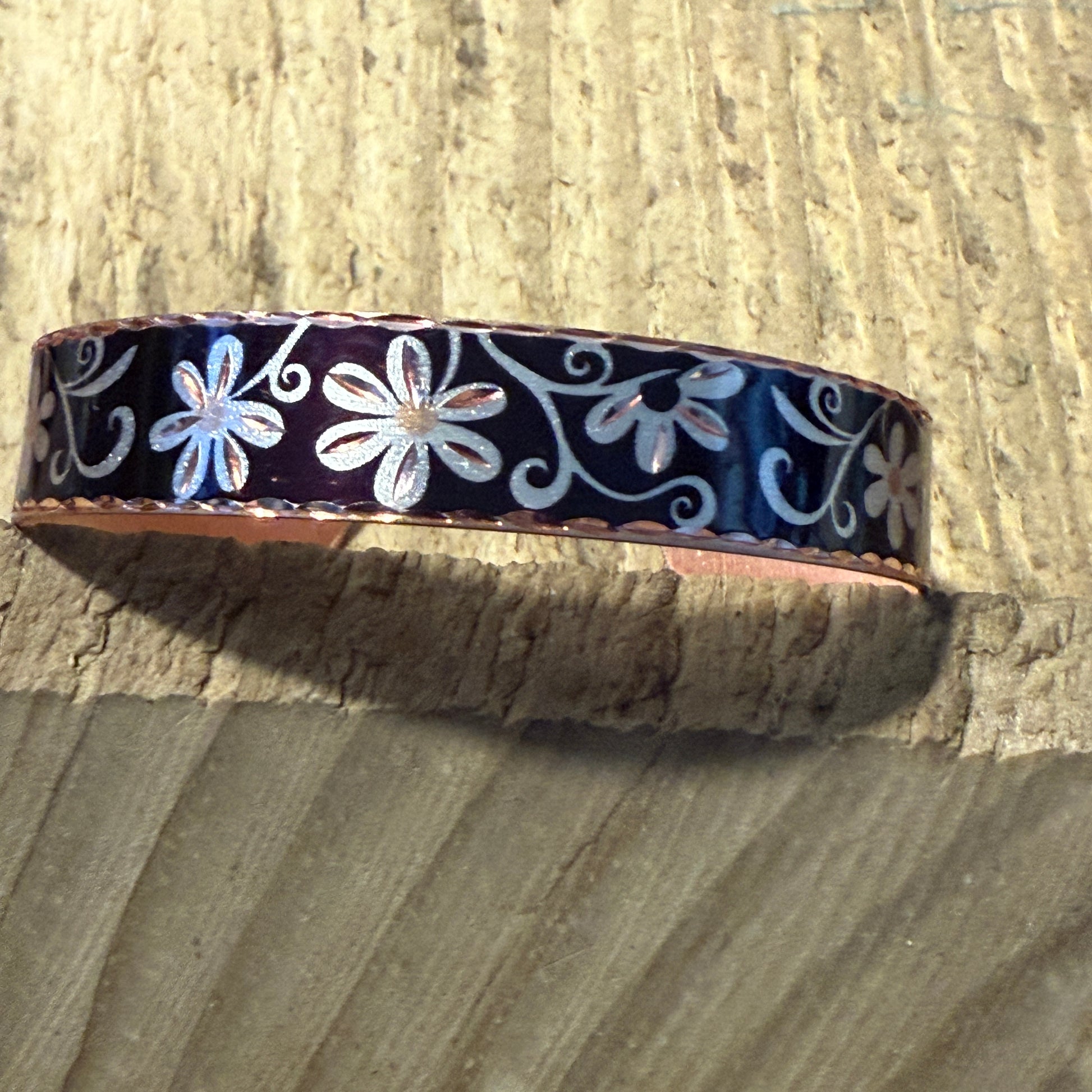 Copper Black Diamond Floral Narrow Cuff Bracelet Gift Box COPPER ARTS INC.