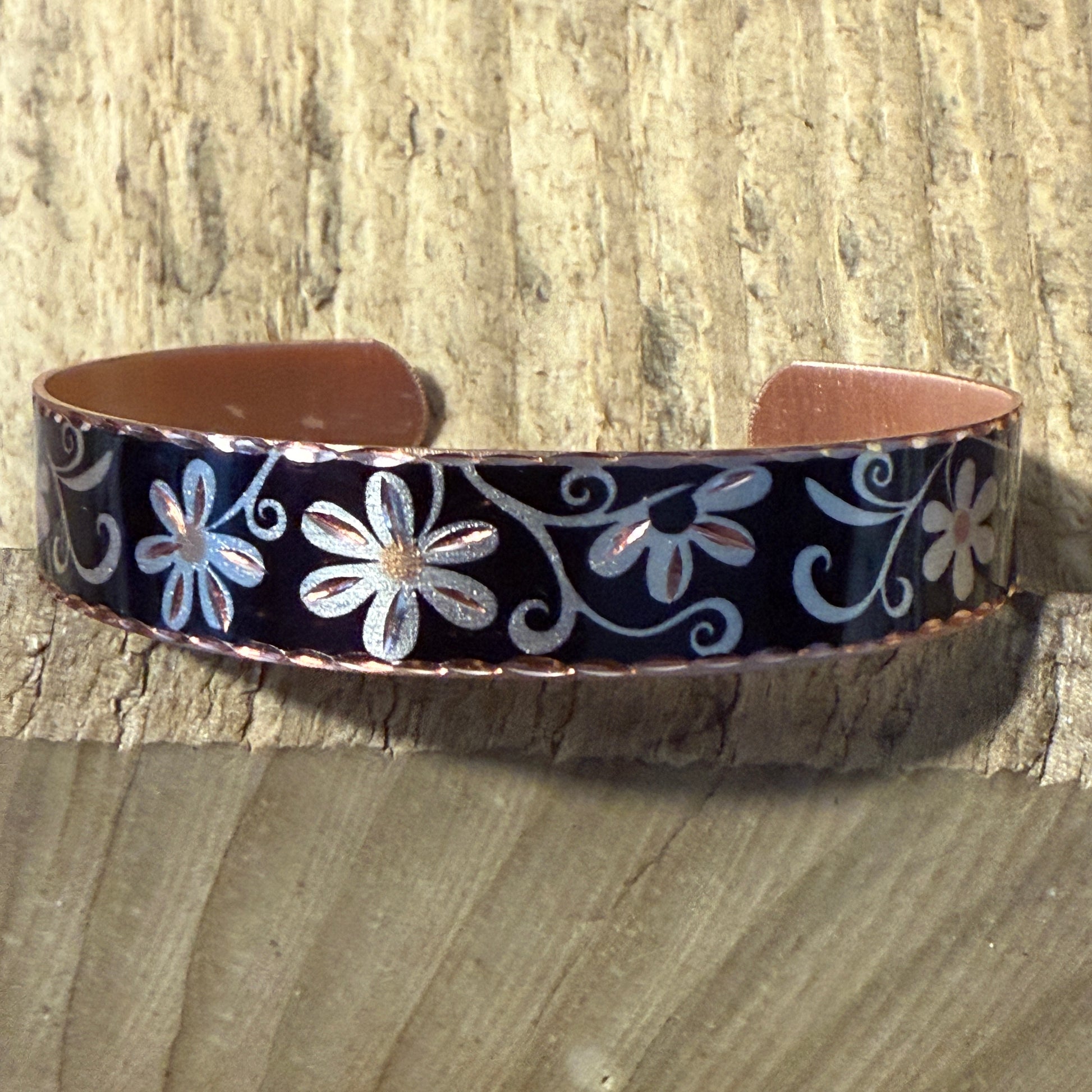 Copper Black Diamond Floral Narrow Cuff Bracelet Gift Box COPPER ARTS INC.