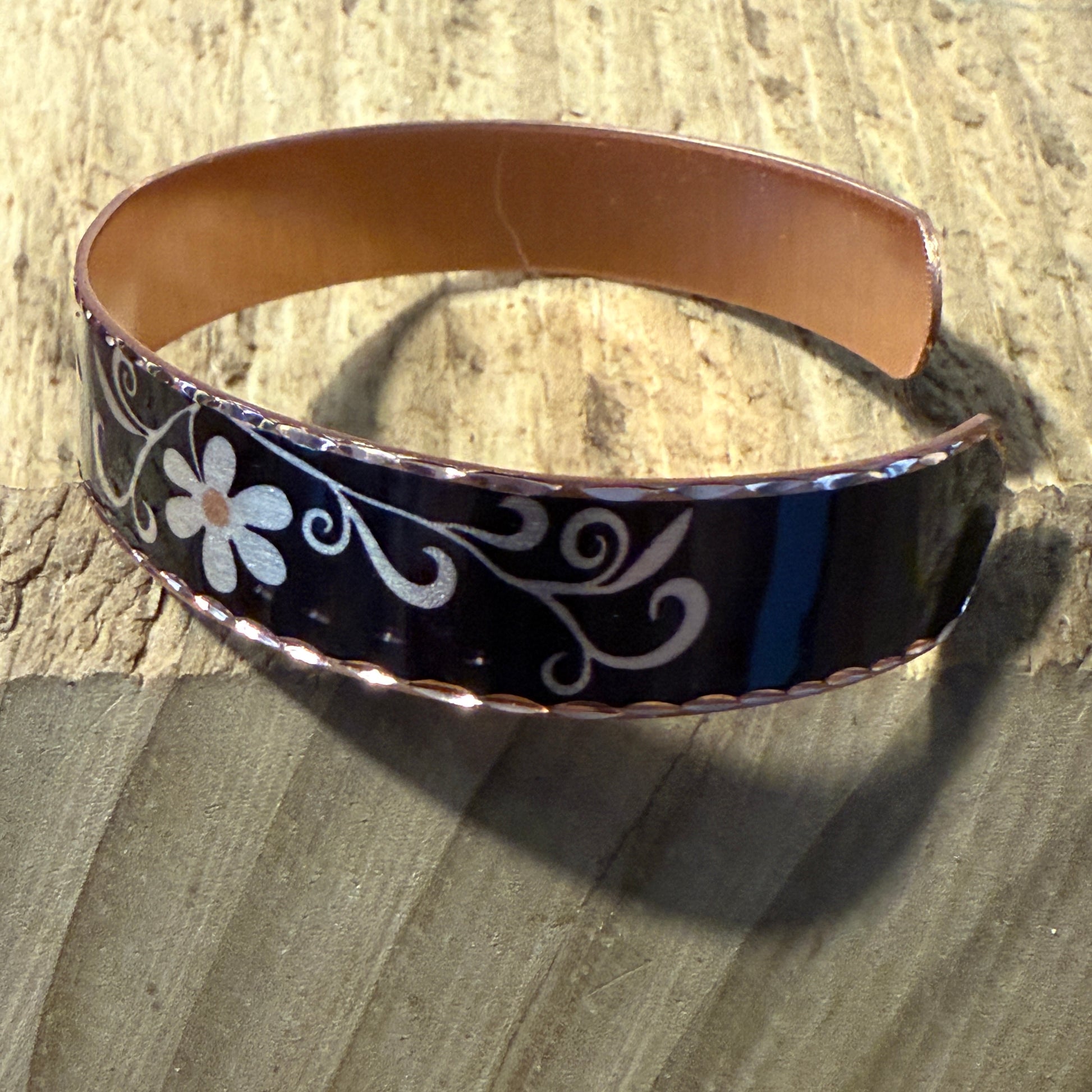 Copper Black Diamond Floral Narrow Cuff Bracelet Gift Box COPPER ARTS INC.