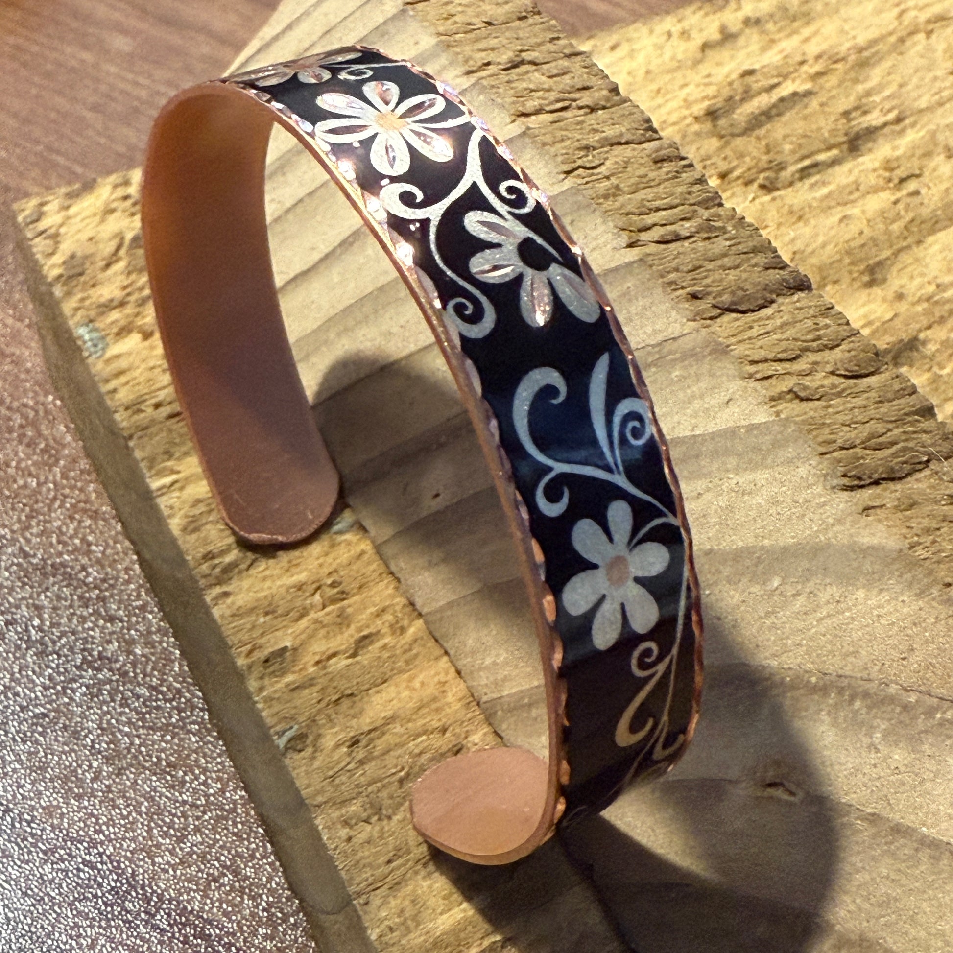 Copper Black Diamond Floral Narrow Cuff Bracelet Gift Box COPPER ARTS INC.