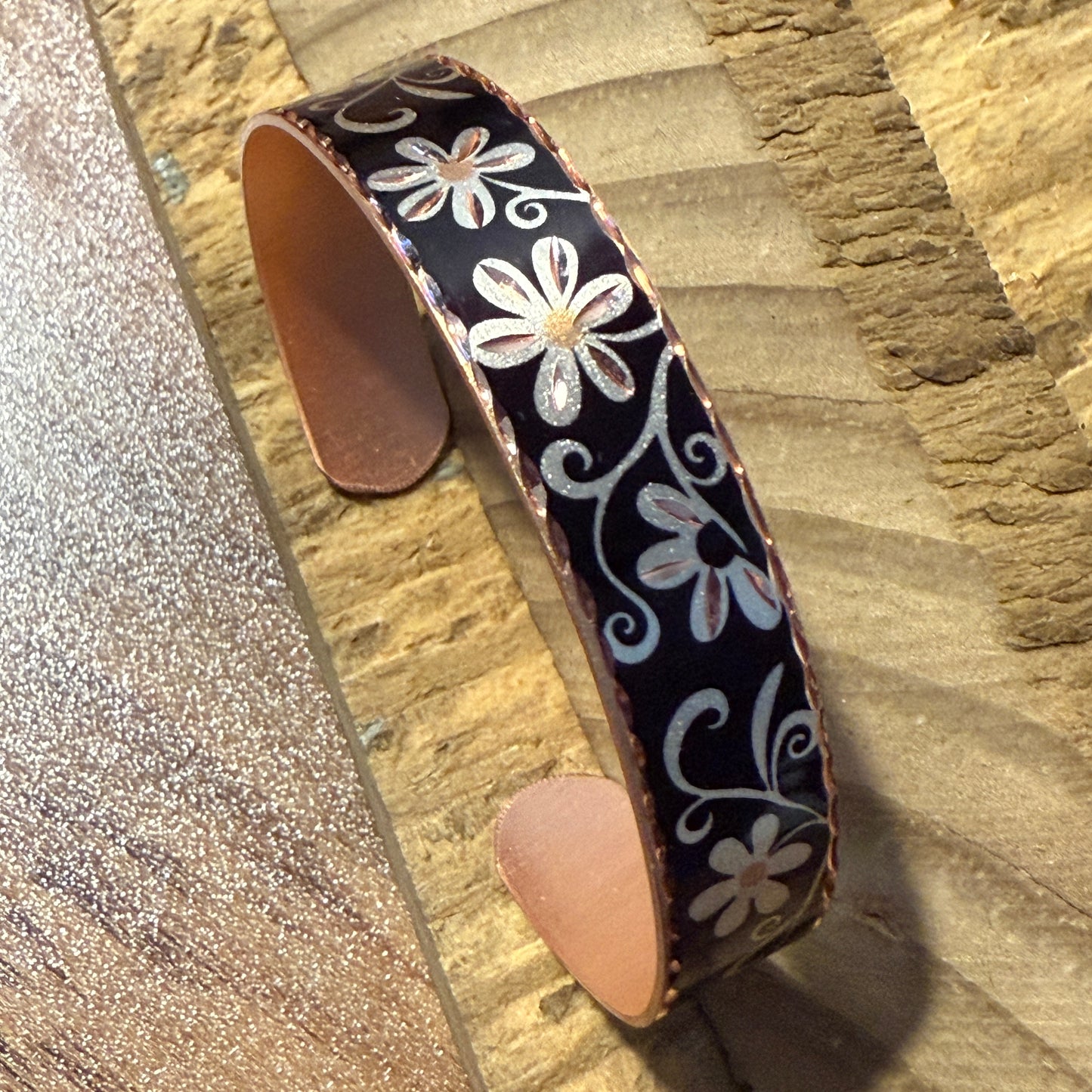 Copper Black Diamond Floral Narrow Cuff Bracelet Gift Box COPPER ARTS INC.
