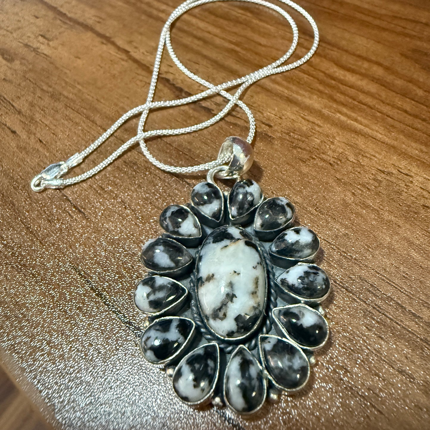 White Buffalo Dahlia Turquoise Gemstone Navajo Pendant Silver Elegant