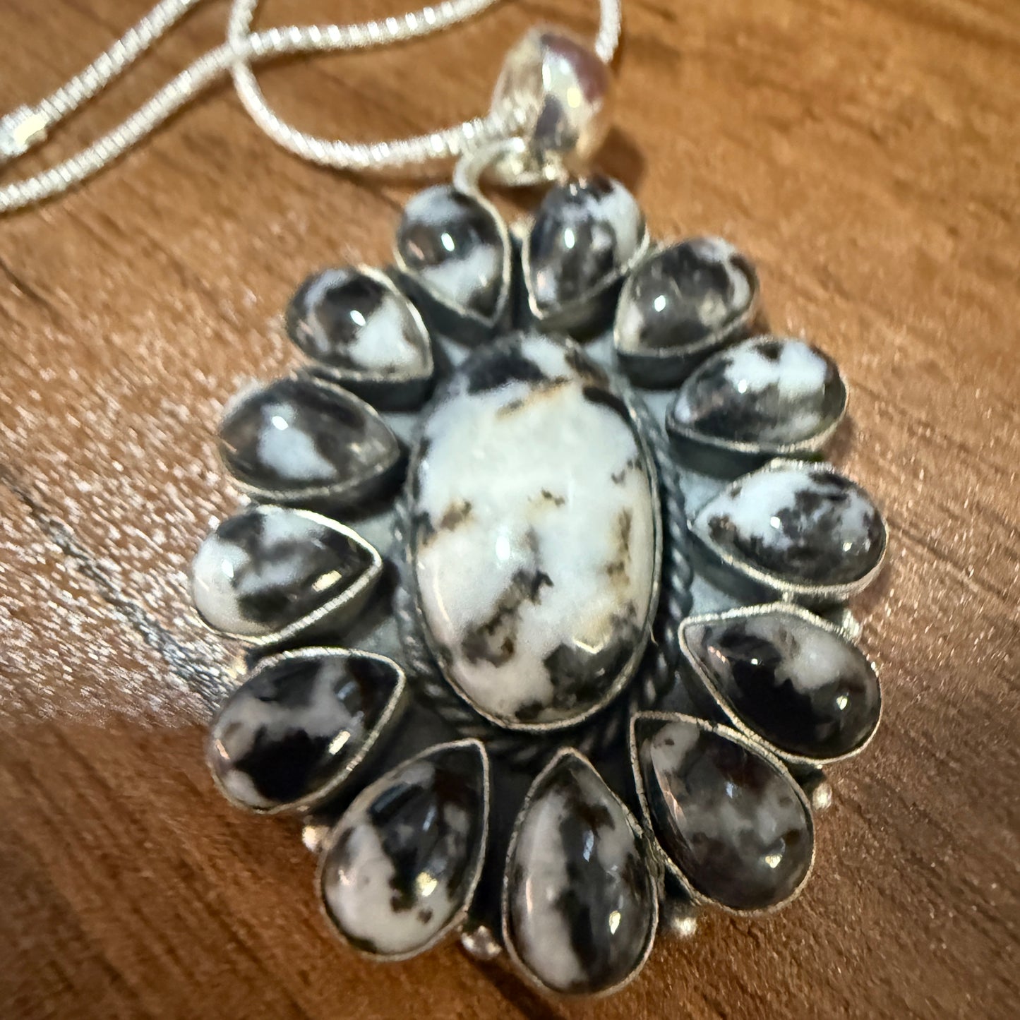 White Buffalo Dahlia Turquoise Gemstone Navajo Pendant Silver Elegant