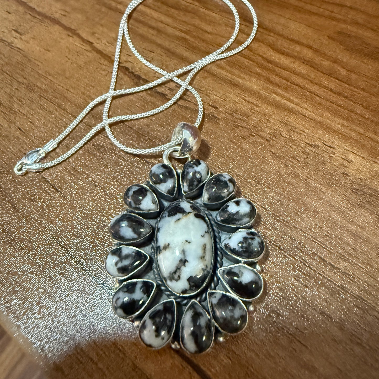 White Buffalo Dahlia Turquoise Gemstone Navajo Pendant Silver Elegant