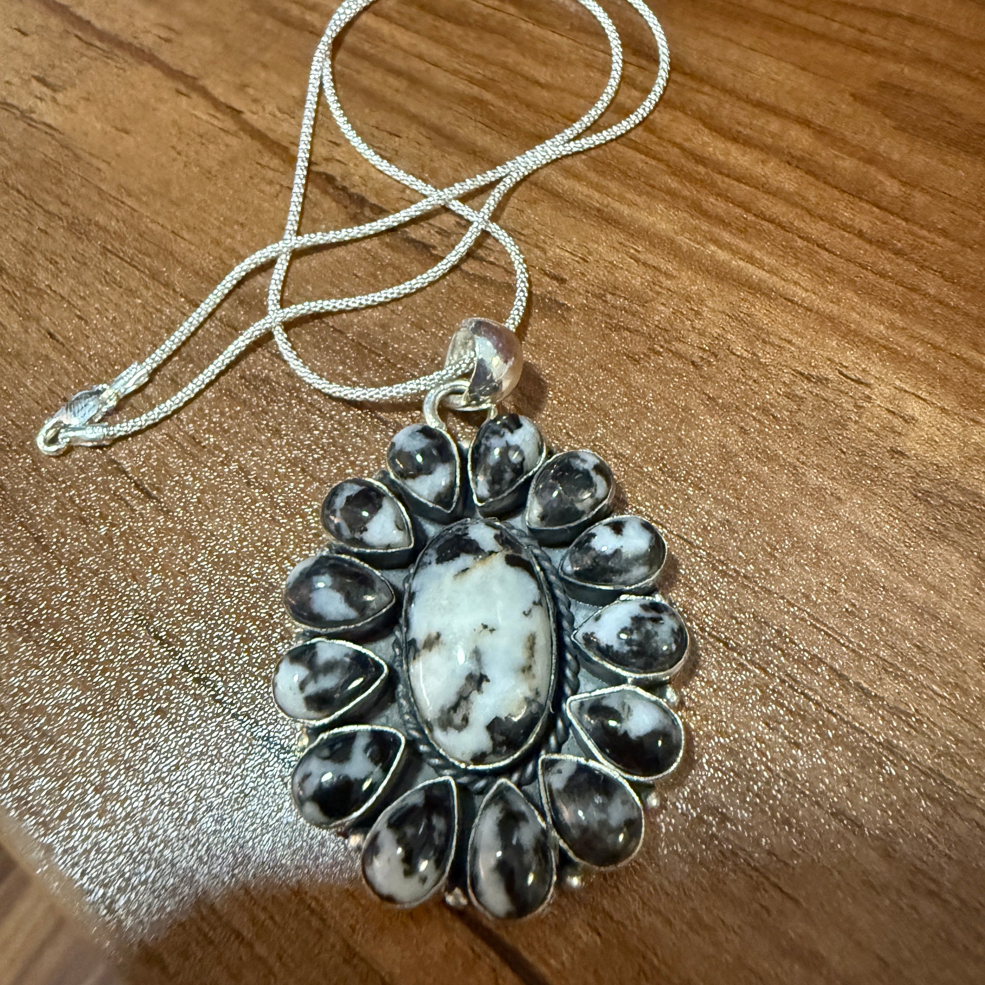 White Buffalo Dahlia Turquoise Gemstone Navajo Pendant Silver Elegant