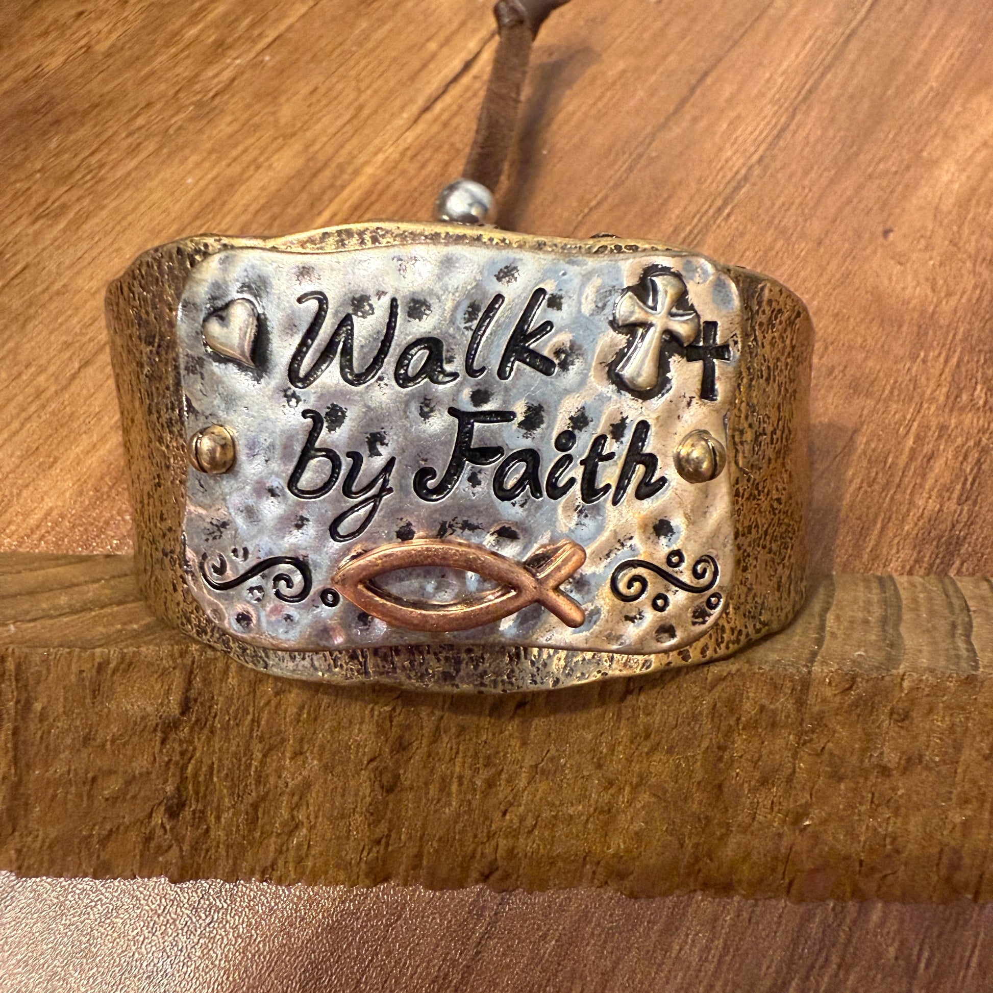 Walk By Faith Cross Patina Bracelet Cuff Gold With Adjustable Leather Strap WildWestBoho