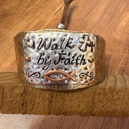 Walk By Faith Cross Patina Bracelet Cuff Gold With Adjustable Leather Strap WildWestBoho