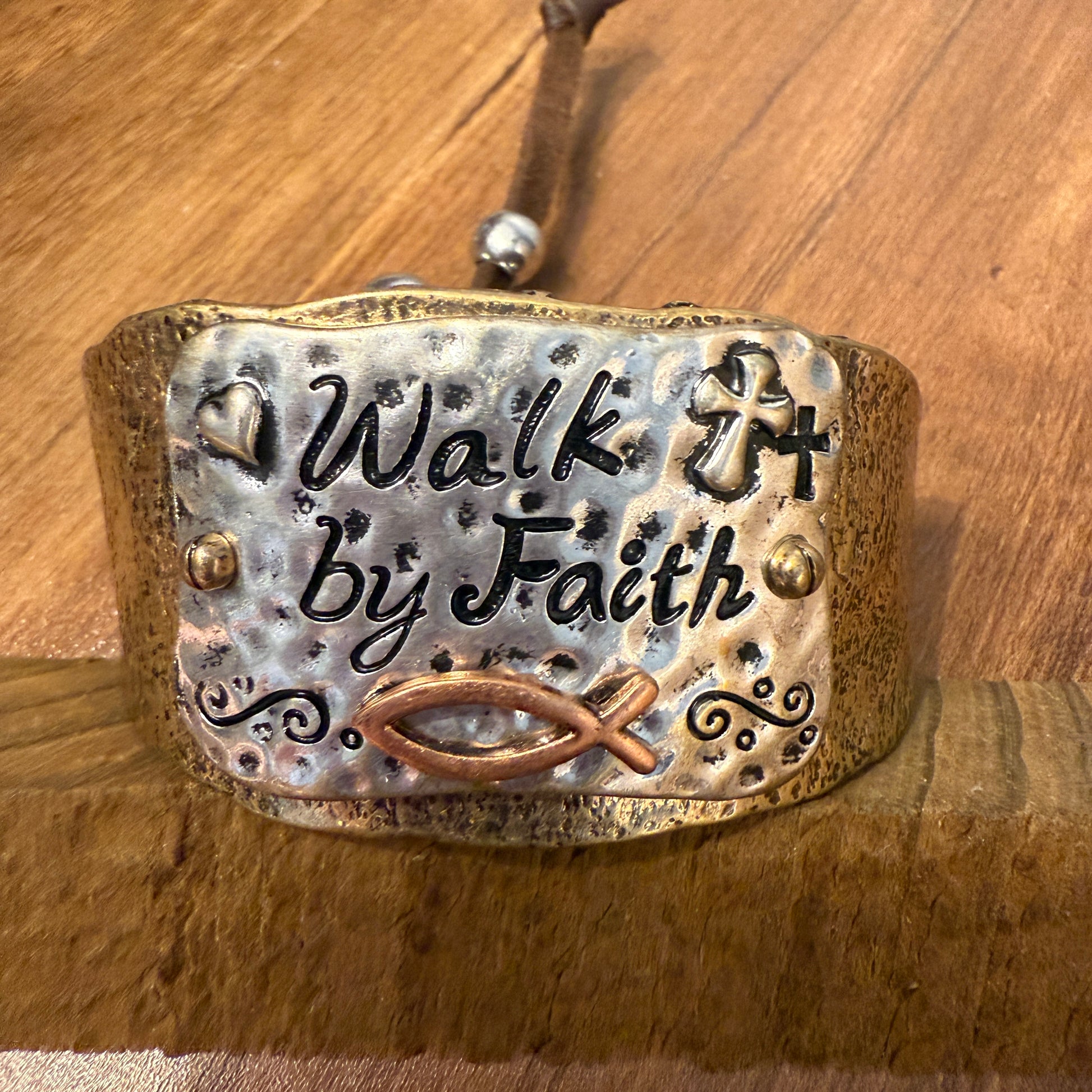 Walk By Faith Cross Patina Bracelet Cuff Gold With Adjustable Leather Strap WildWestBoho