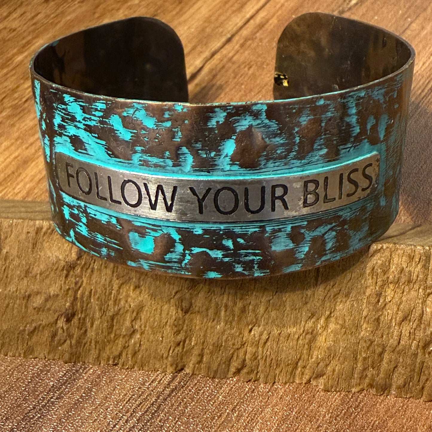 Message FOLLOW YOUR BLISS Metal Western Cuff Bracelet With Patina Rustic Inscriptions WildWestBoho