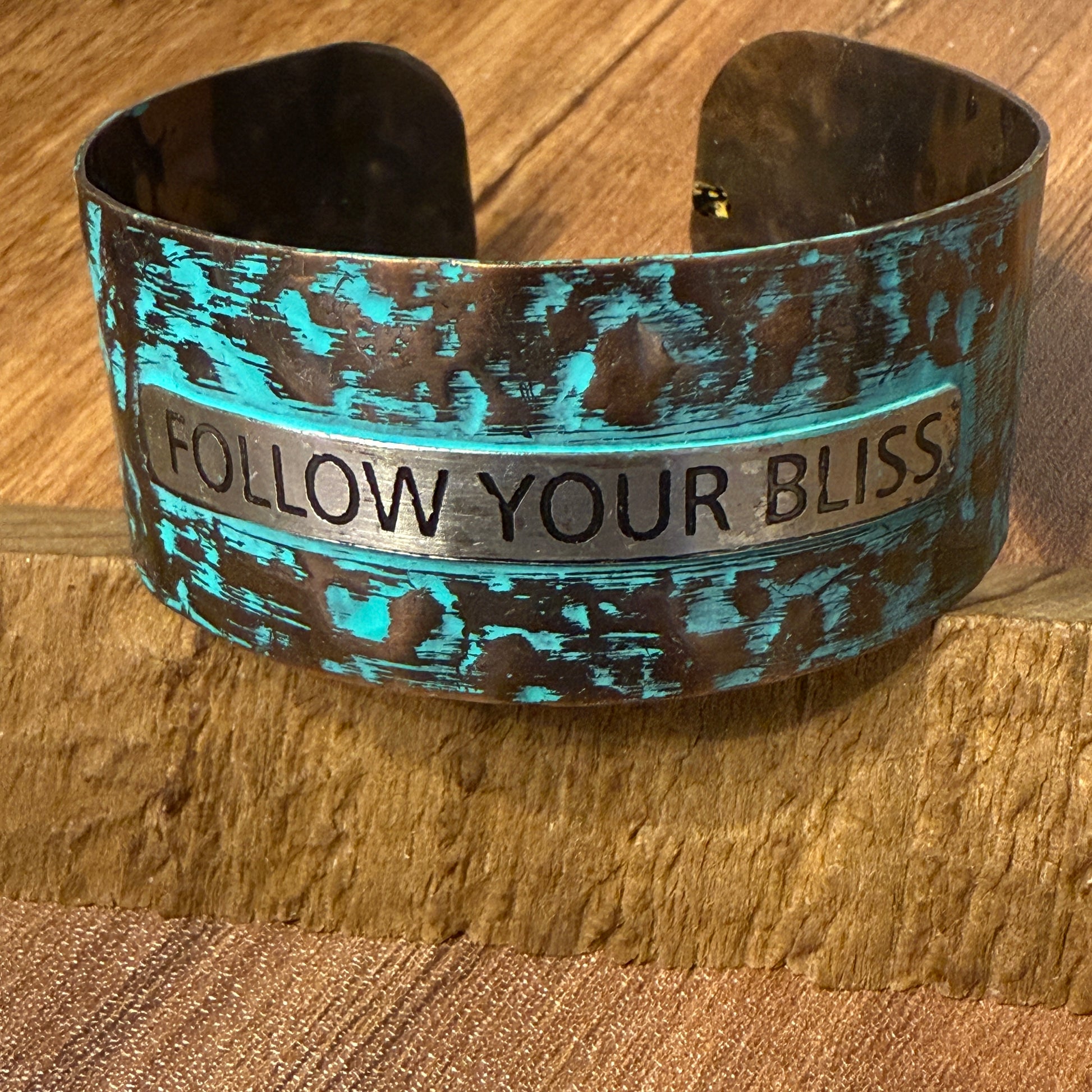 Message FOLLOW YOUR BLISS Metal Western Cuff Bracelet With Patina Rustic Inscriptions WildWestBoho