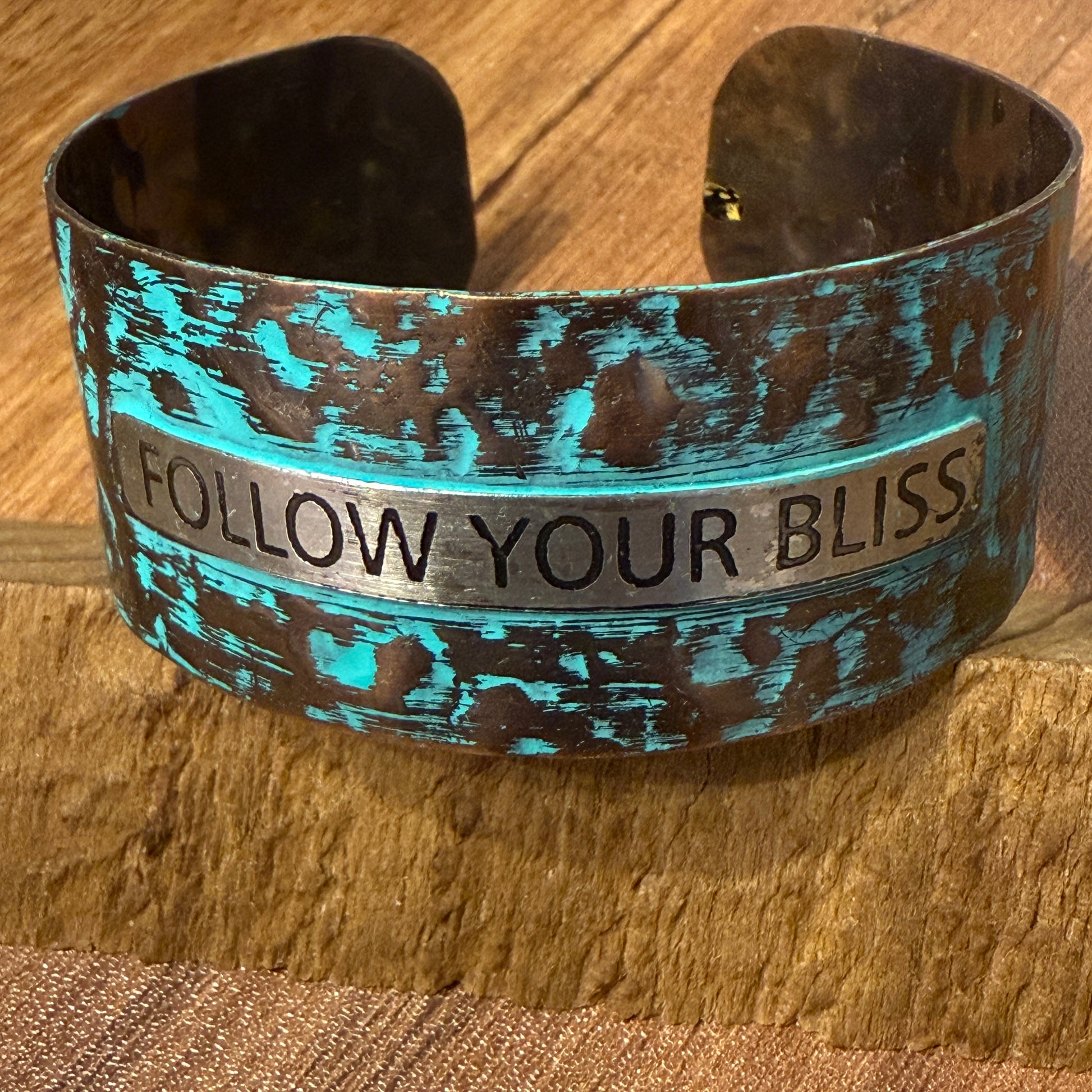 Message FOLLOW YOUR BLISS Metal Western Cuff Bracelet With Patina Rustic Inscriptions WildWestBoho