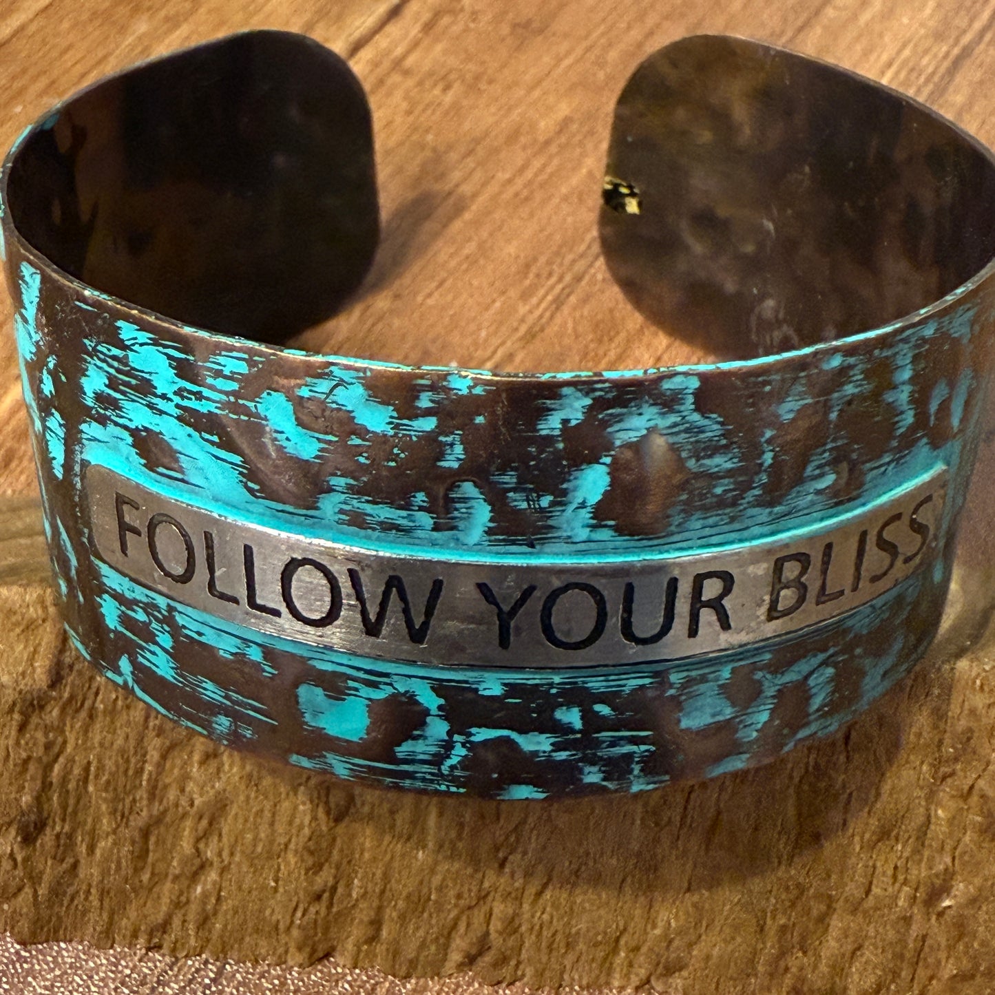 Message FOLLOW YOUR BLISS Metal Western Cuff Bracelet With Patina Rustic Inscriptions WildWestBoho